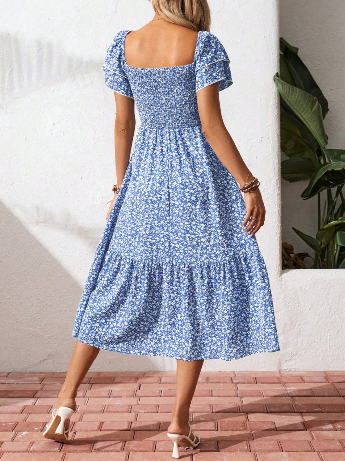 Floral Print Smocked Ruffle Sleeves Dress