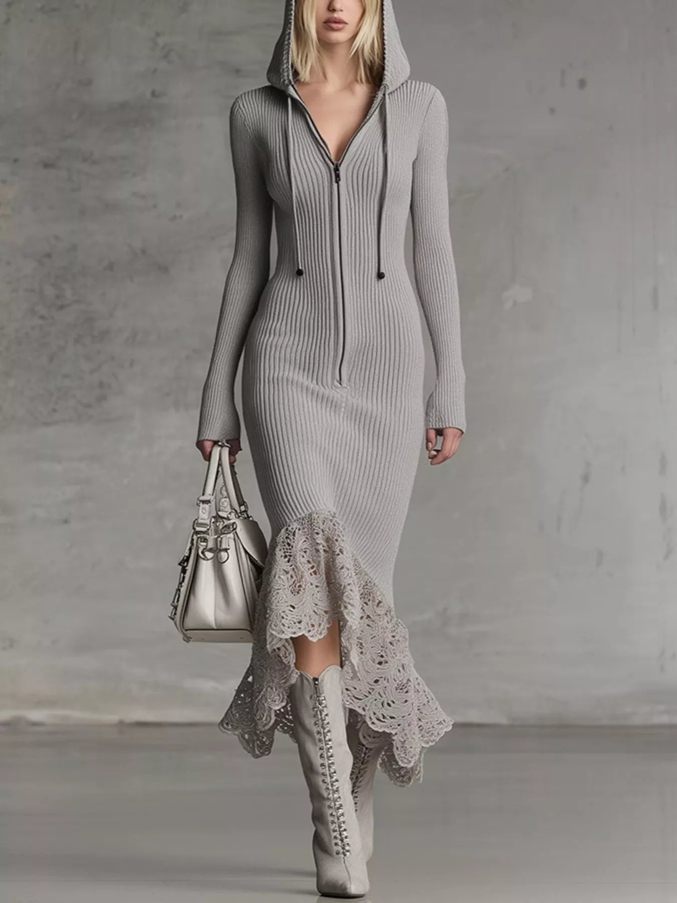 Hooded Ribbed Knit Lace Hem Midi Dress