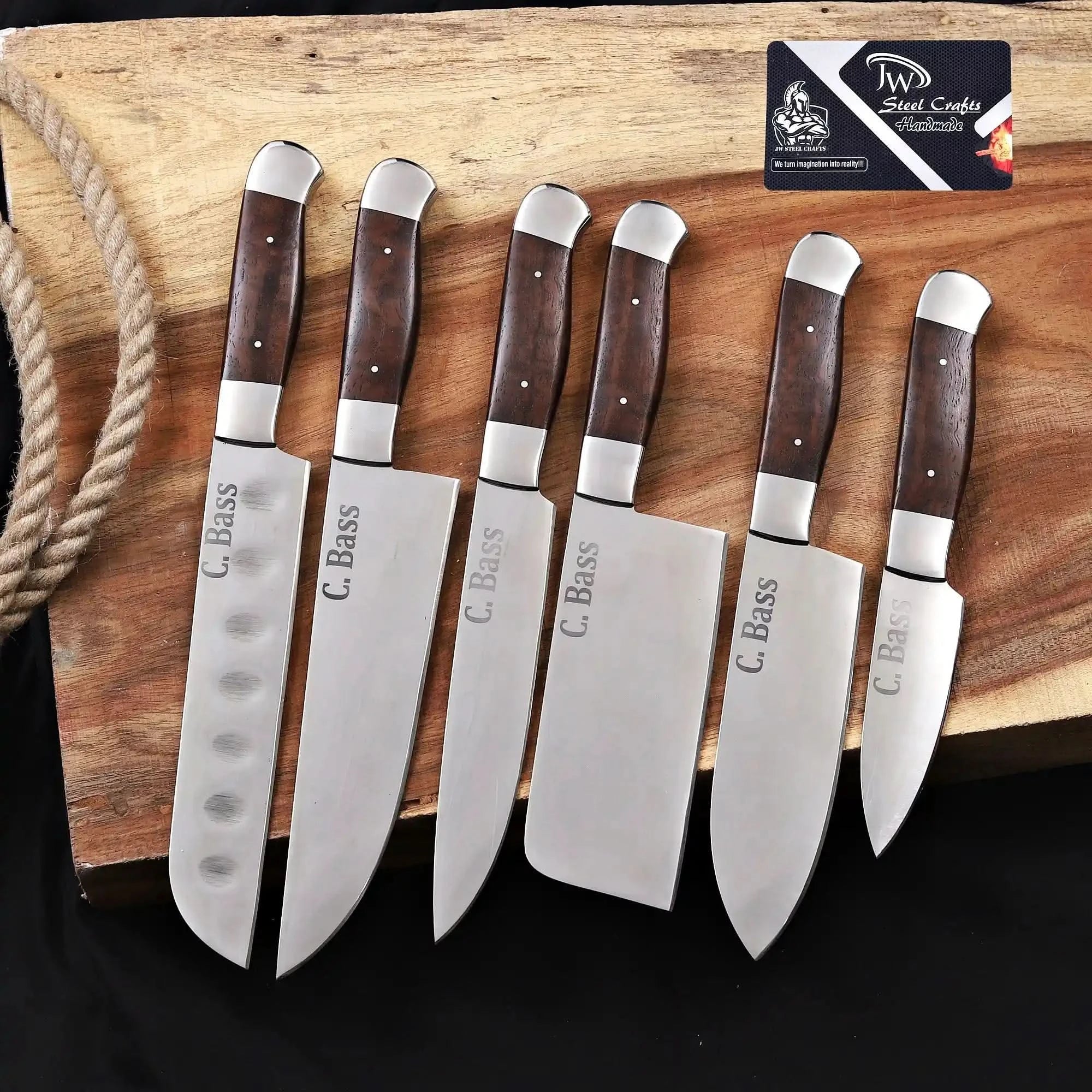 6-Piece High Carbon Steel Kitchen Knife Set with Leather Roll Olive Wood Handles, Steel Bolsters, 7 to 12 Inc