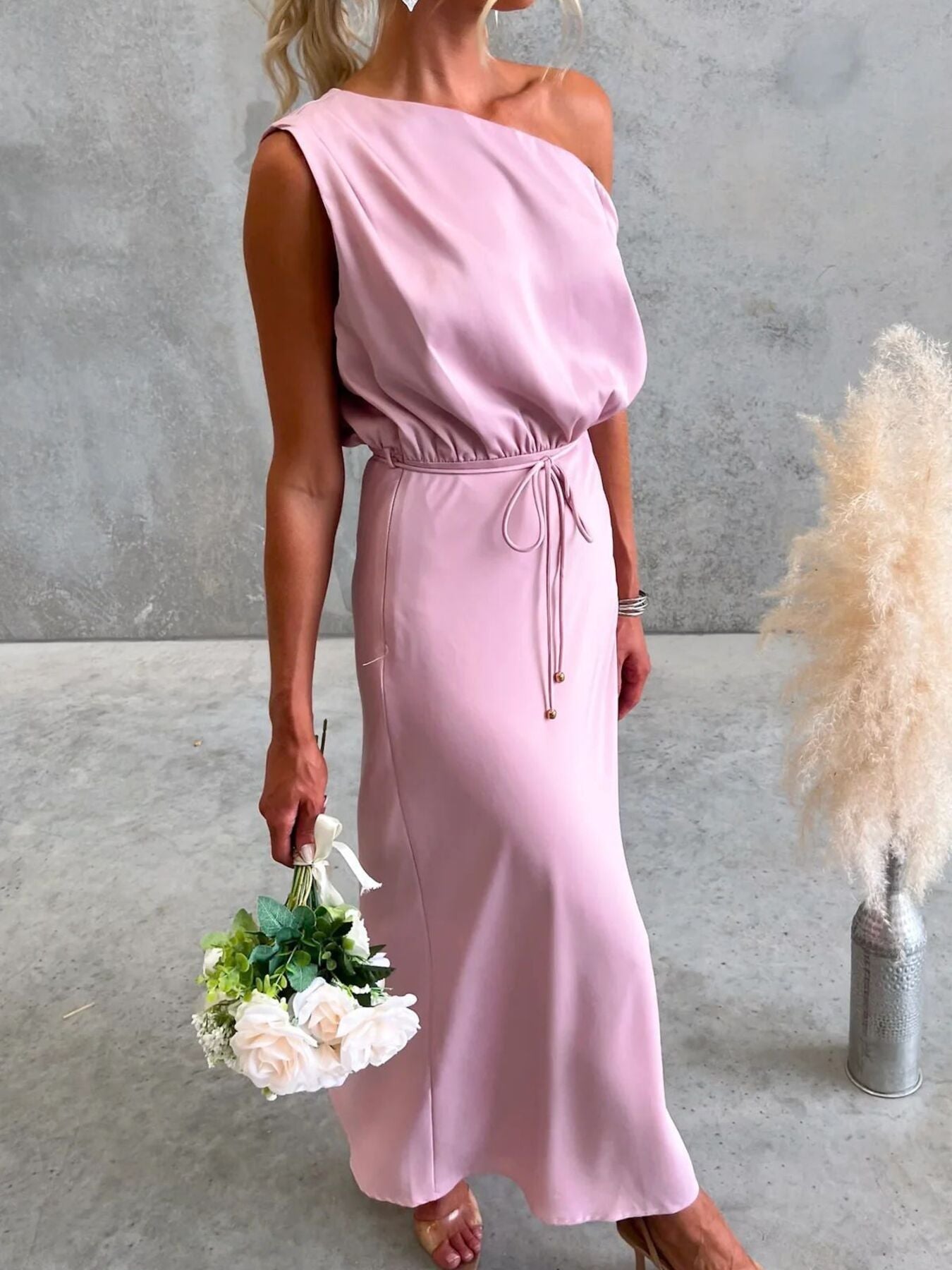 One-Shoulder Tied Midi Dress