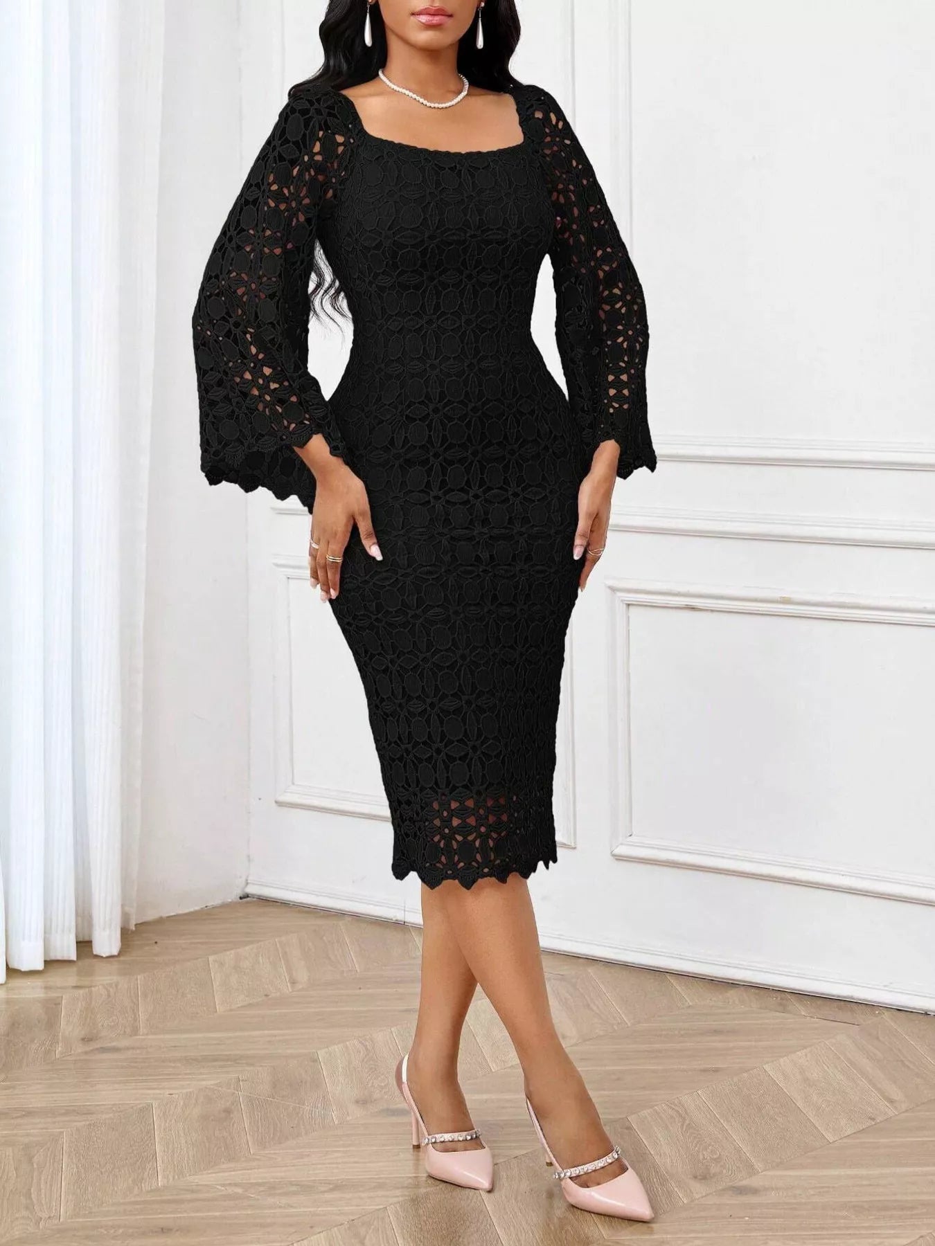 Lace Square Neck Midi Dress