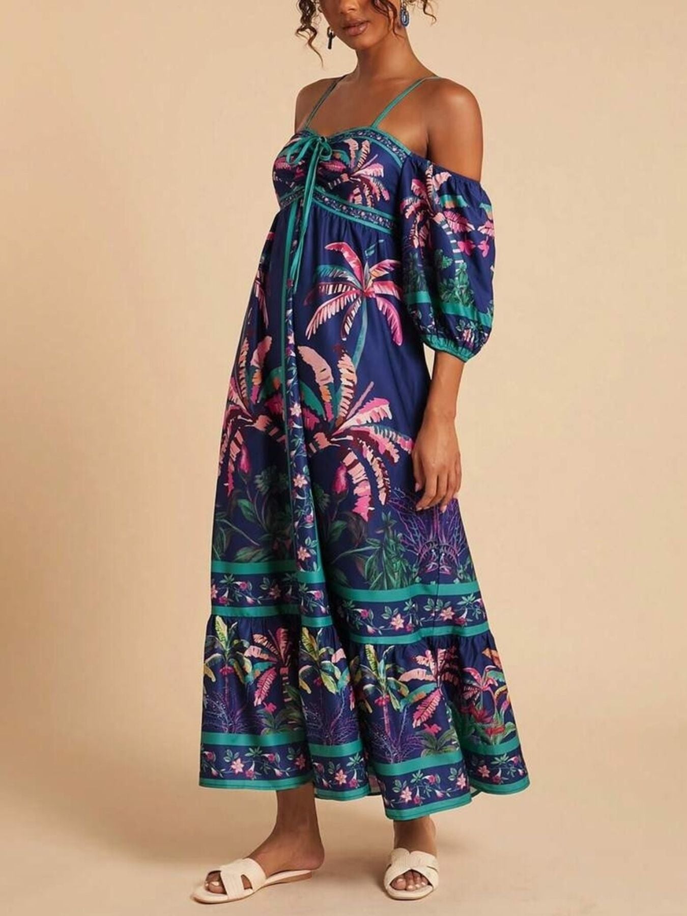 Tropical Print Spaghetti Strap Maxi Dress