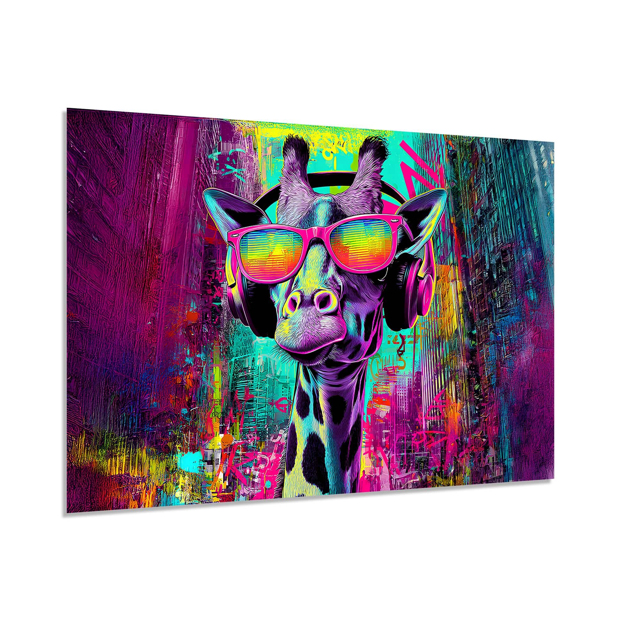 Urban Giraffe with Headphones Tempered Glass Wall Art | Colorful Graffiti Pop Wall Art | Modern Wall Decor