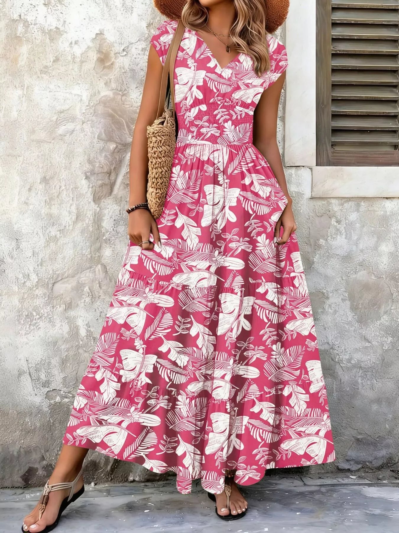 Full Size Printed V-Neck Tiered Maxi Dress Plus Size