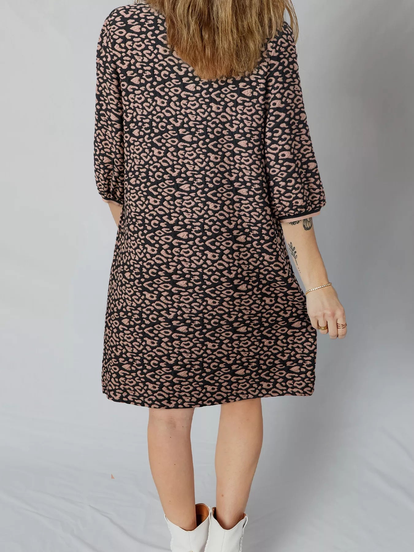 Leopard Print Bubble Sleeve Shift Mini Dress