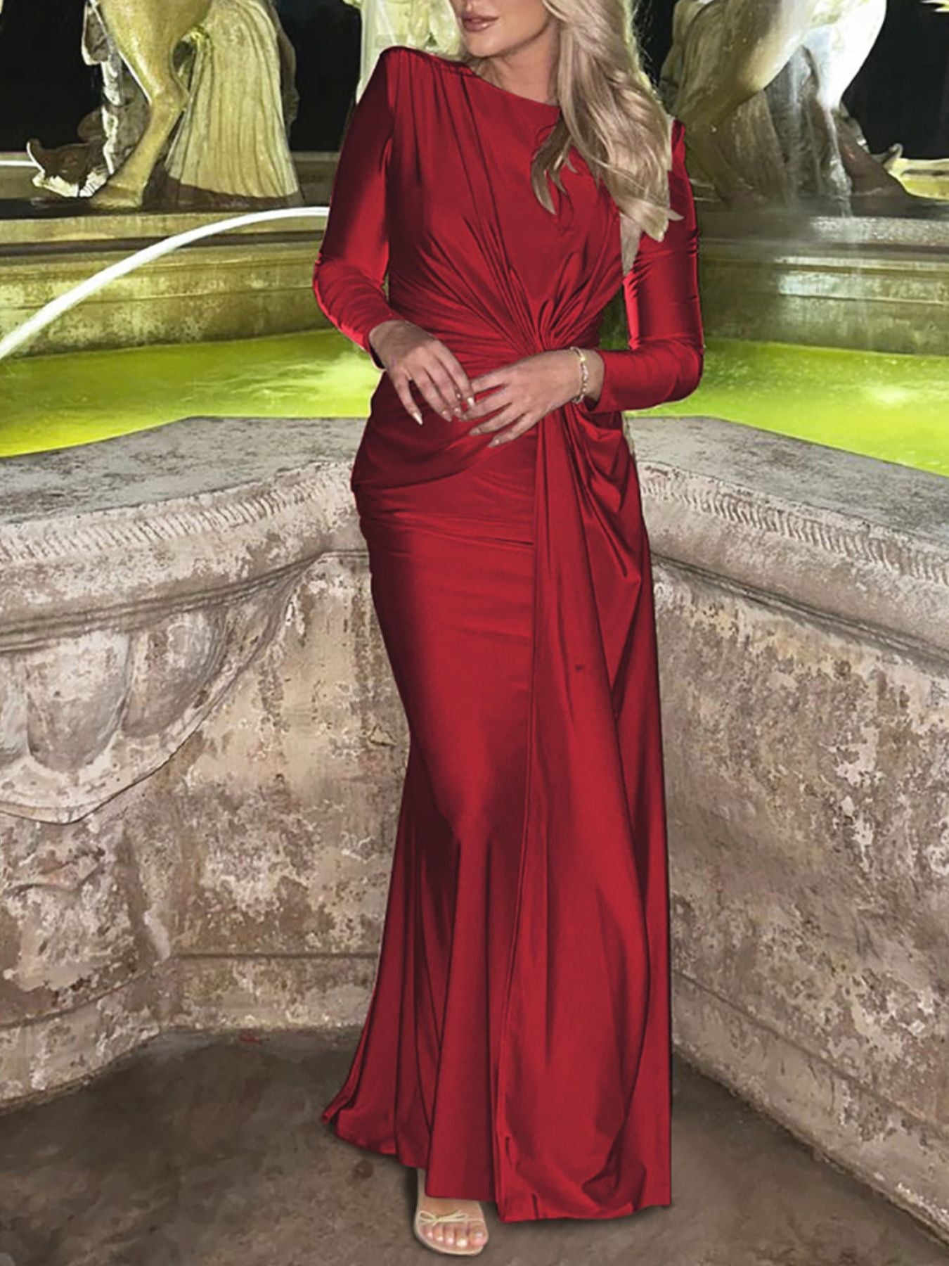 Ruched Knot Front Long Sleeve Maxi Dress