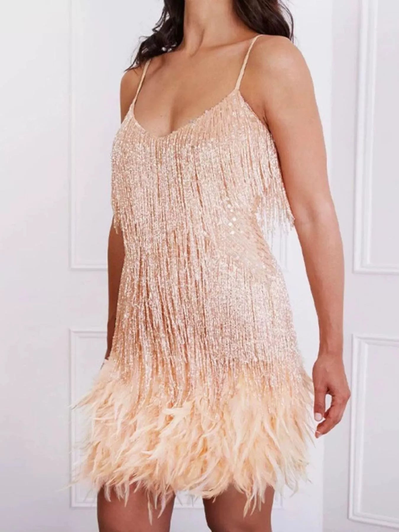 Full Size Sequin and Feather Fringe Mini Dress Plus Size