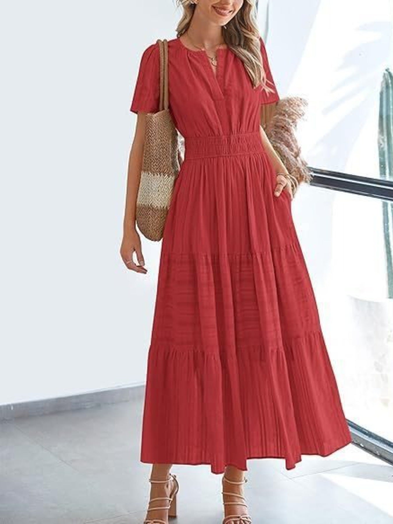 Notched Short Sleeve Tiered Dress