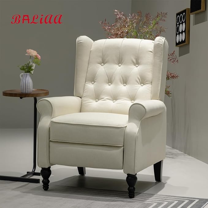 Mid Century Wingback Recliner Chair for Adults, Modern Linen Fabric Push Back Recliner Chairs with Button Tufted Upholstered Back & Footrest, Manual Recliner Chais for Living Room, Nursery, Beige