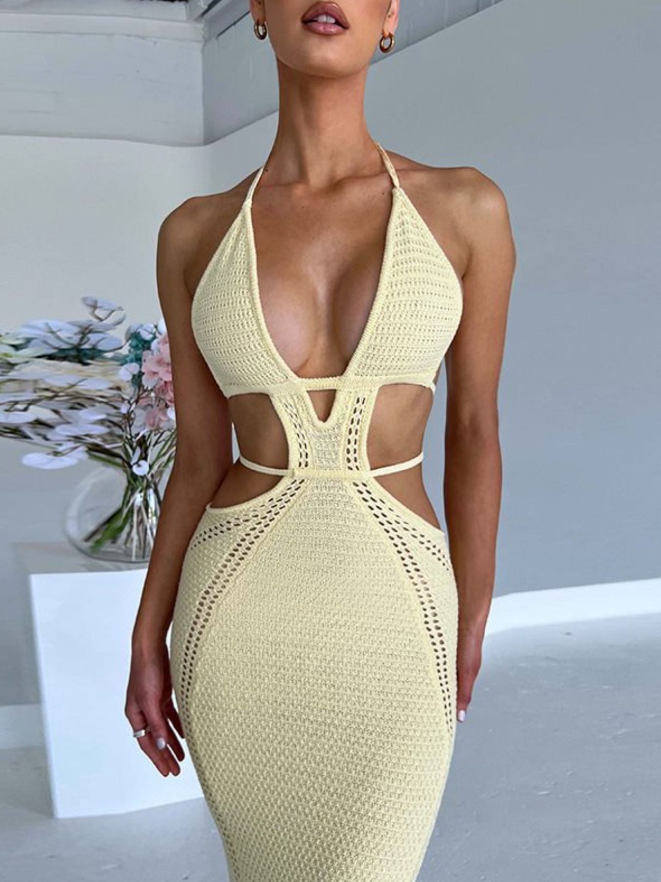 Halter Neck Cutout Knitted Maxi Dress
