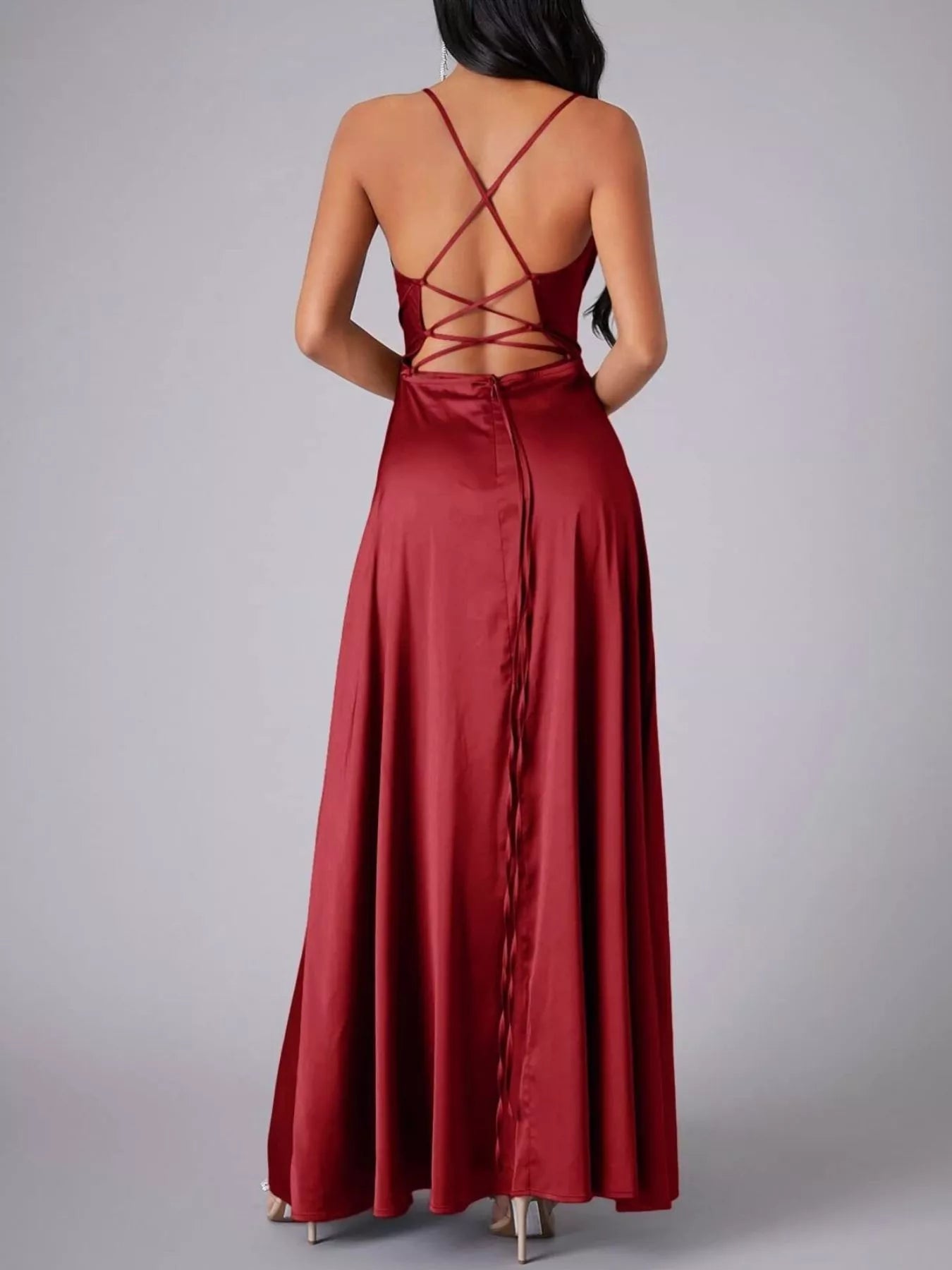 Lace Up Back Split Maxi Dress