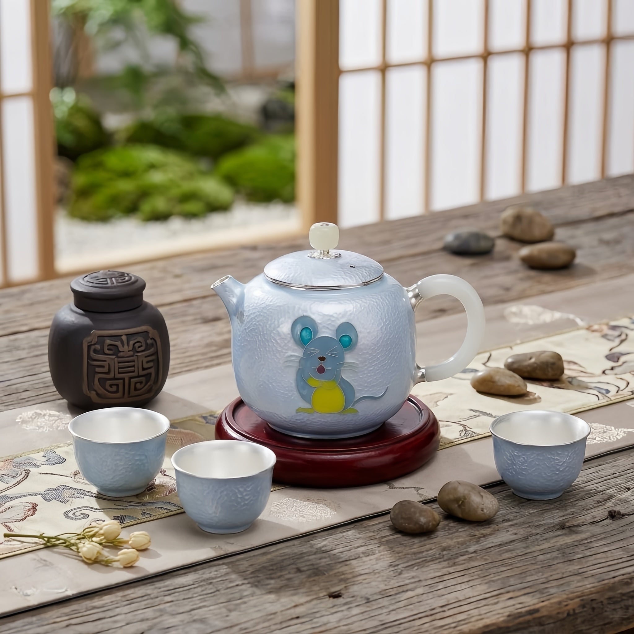 Pure 999 Fine Silver Artistic Blue Enamel Silver Teapot with Playful Mouse Motif and Jade Accents - Handicraft