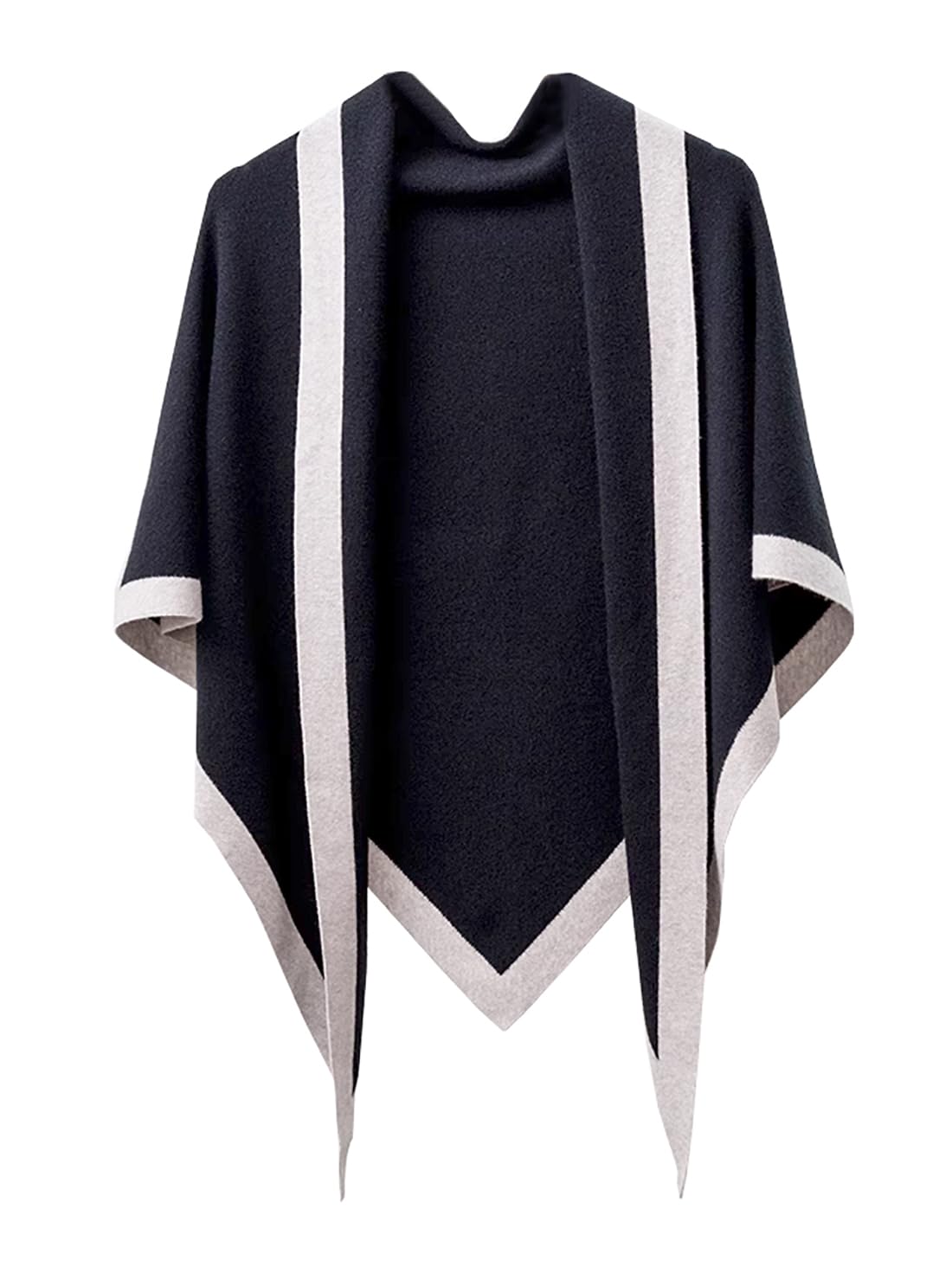 stylesilove Women Wool Blend Cashmere Knitted Solid Color Triangular Shawl with Contrast Border Lightweight Stole Wrap Scarf