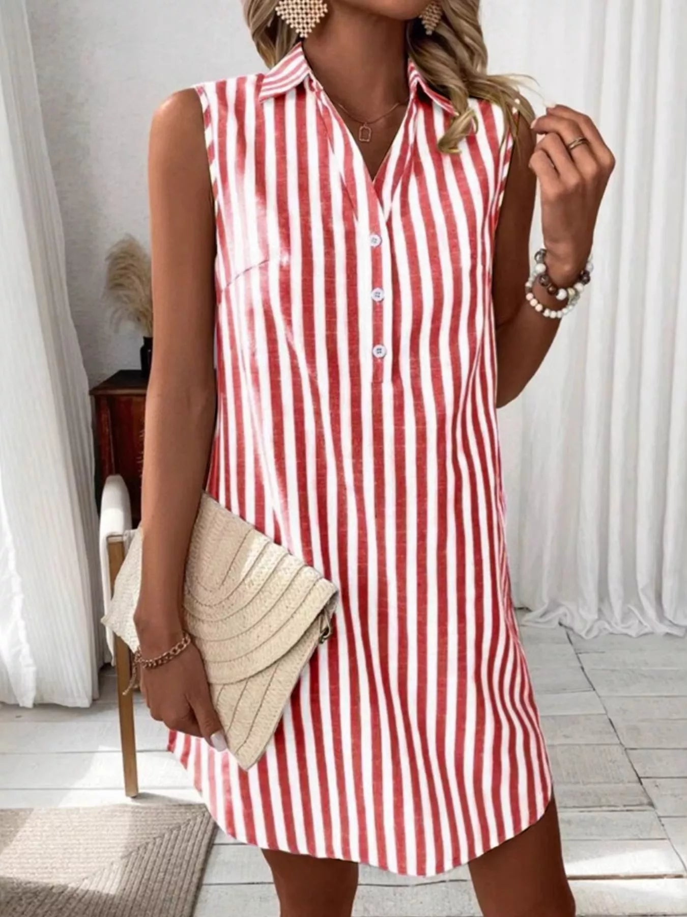 Sleeveless Striped Button Detail Shirt Dress