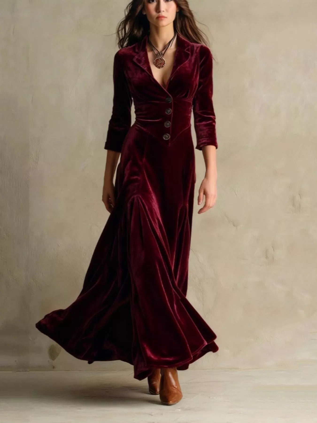 Velvet Button Front 3/4 Sleeve Maxi Dress
