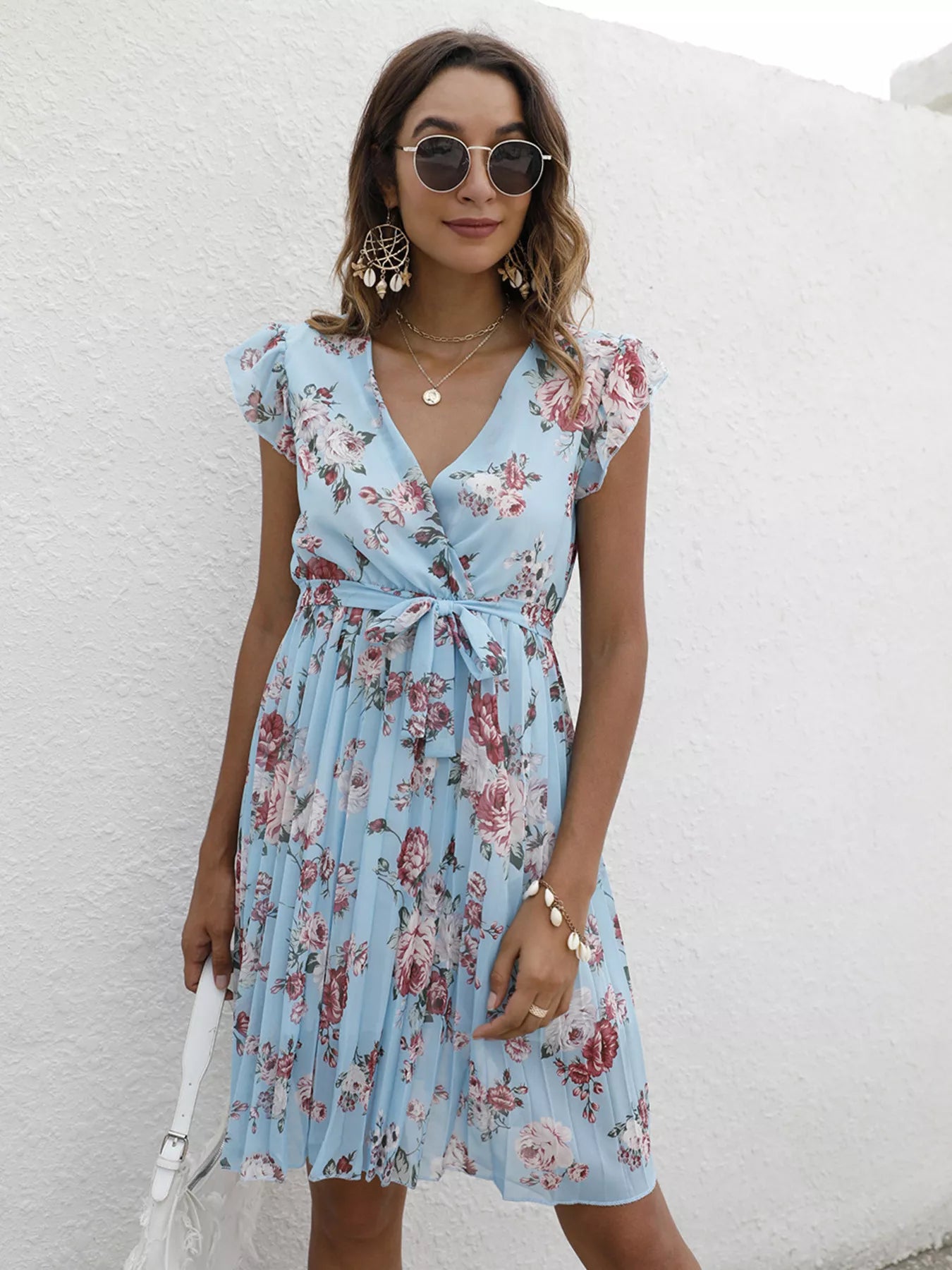 Pleated Floral Print Ruffle Sleeve Dress
