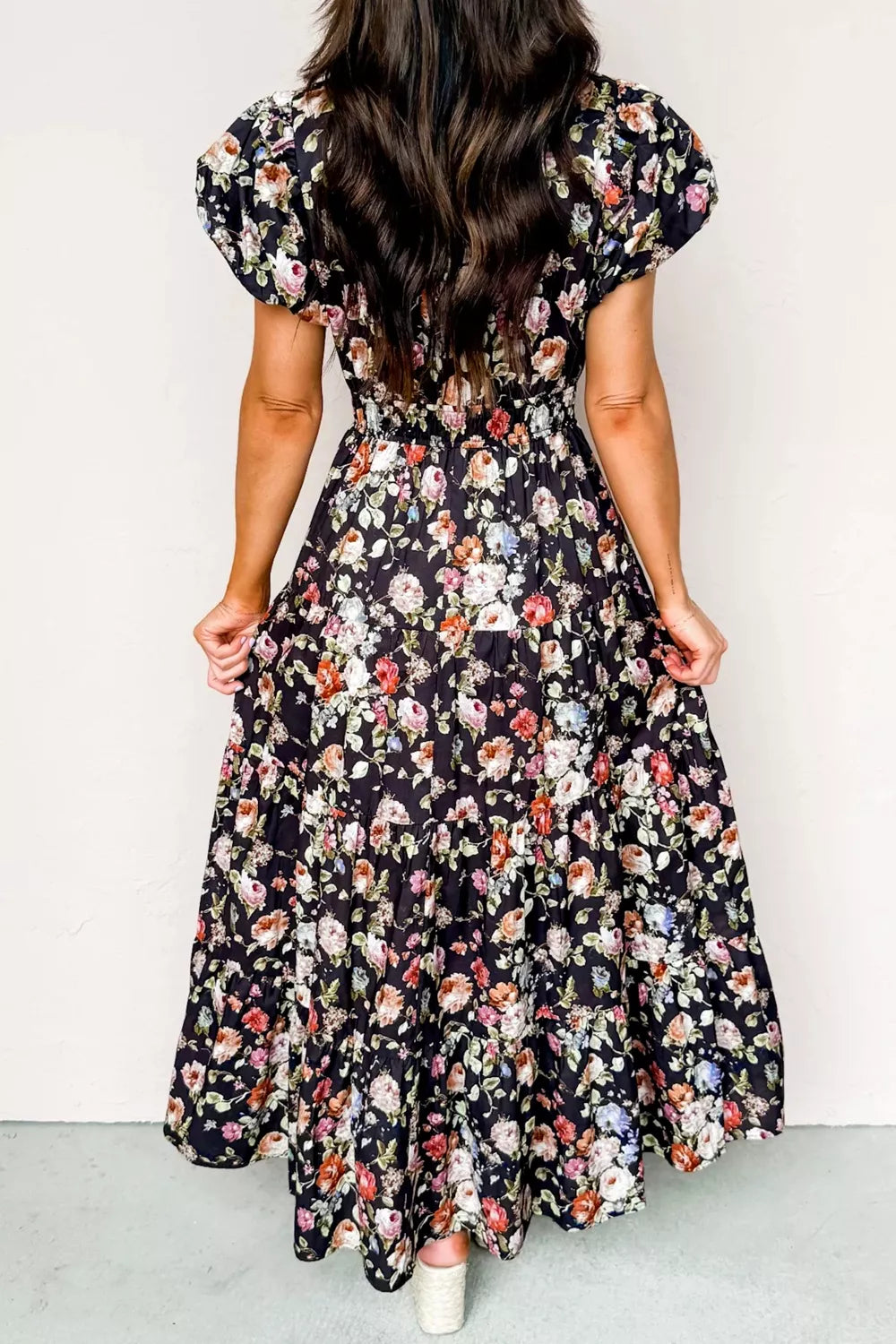 Floral Print Smocked Waist Maxi Dress
