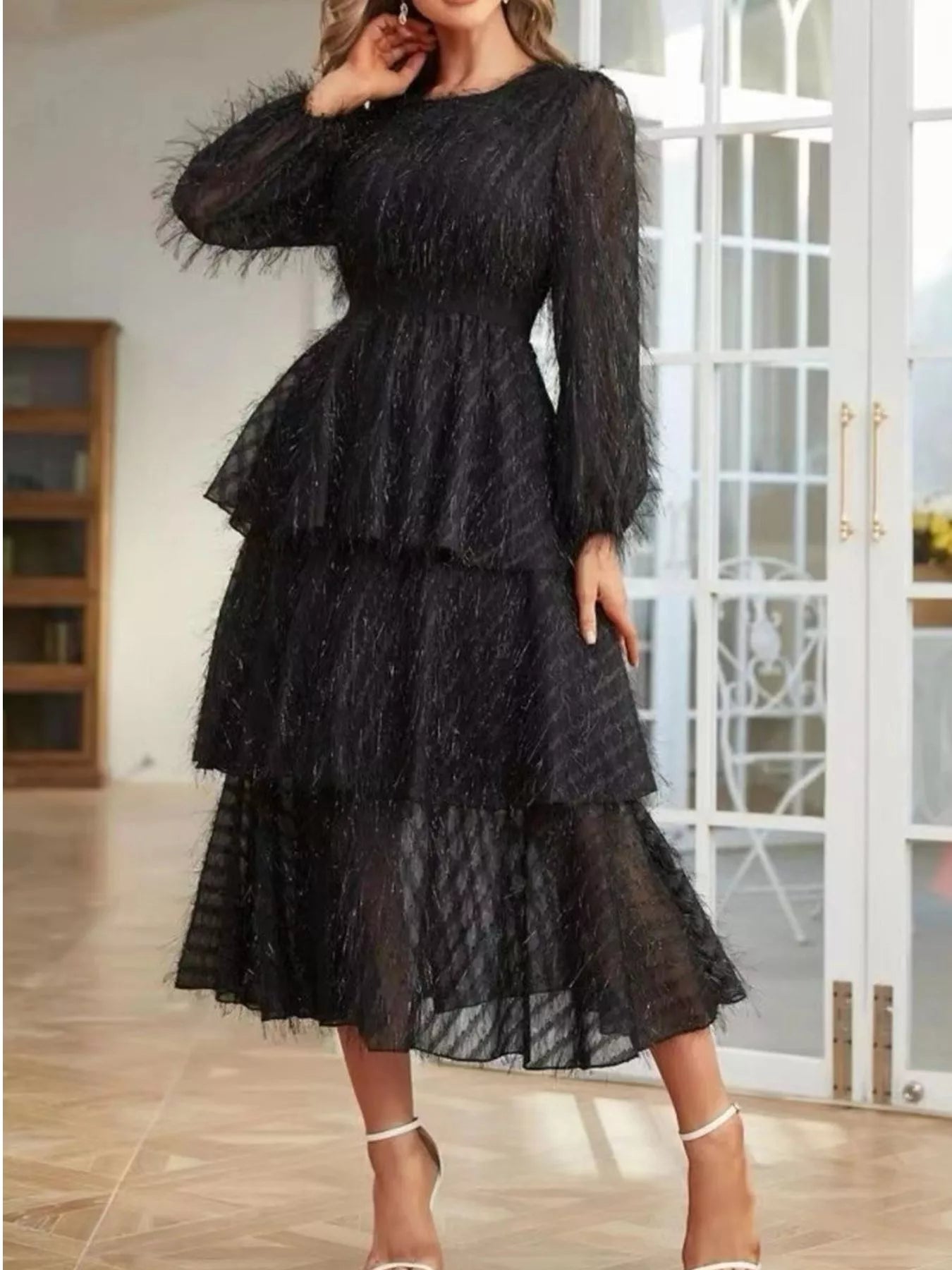 Full Size Layered Balloon Sleeve Midi Dress Plus Size