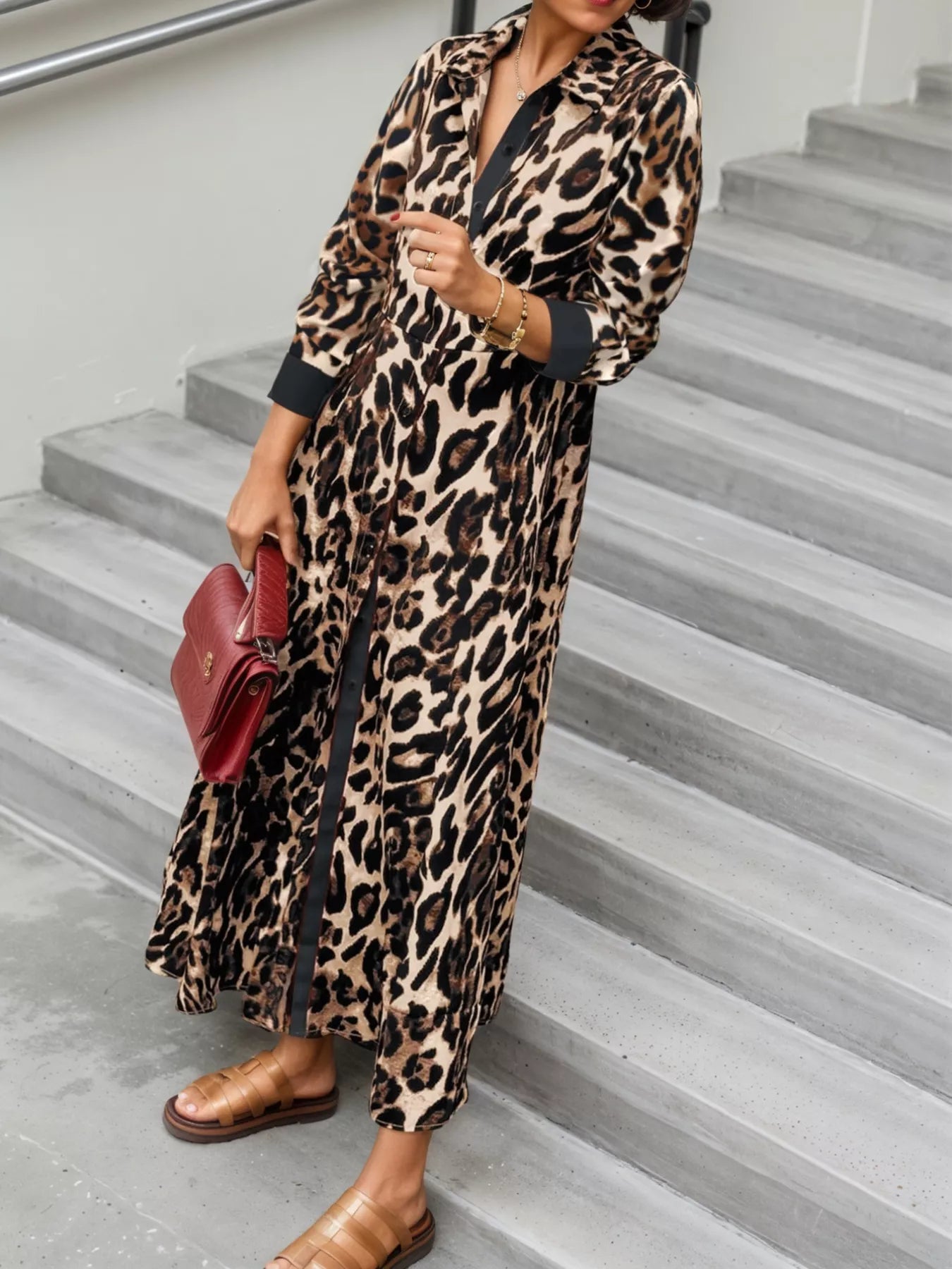 Leopard Print Long Sleeve Shirt Dress with Contrast Trim
