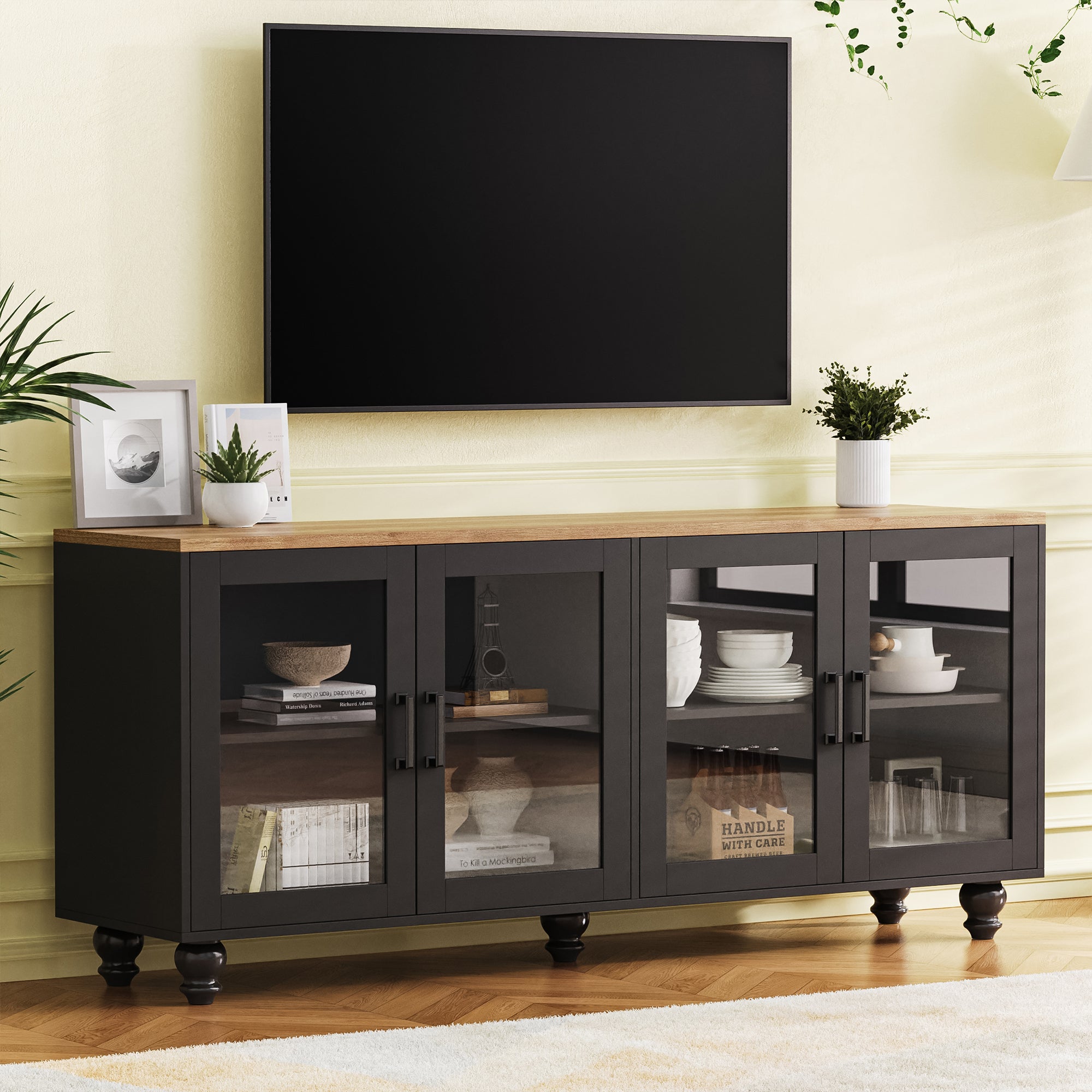 ON-TREND Farmhouse TV Stand with Tempered Glass Doors