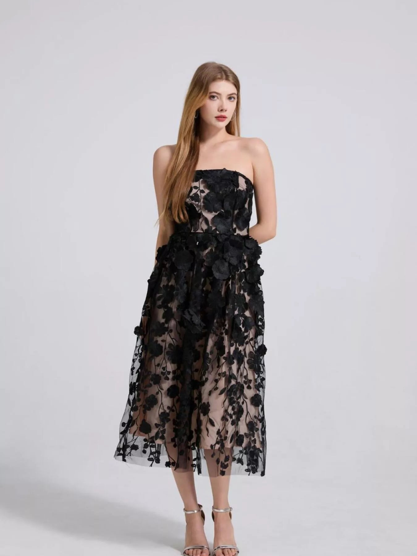 Floral Applique Strapless Midi Dress