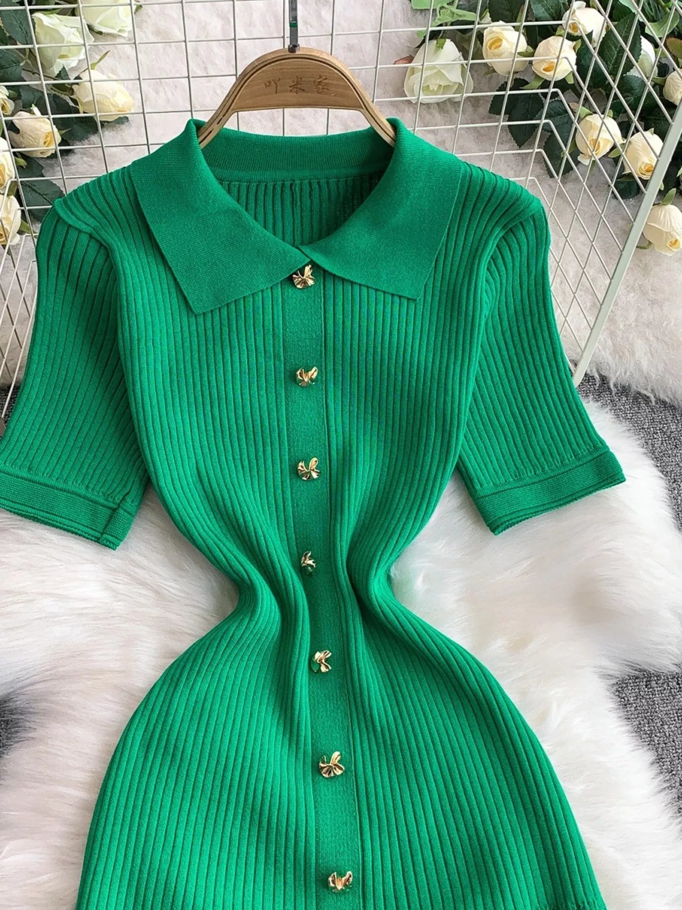 Button Front Ribbed Knit Midi Dress