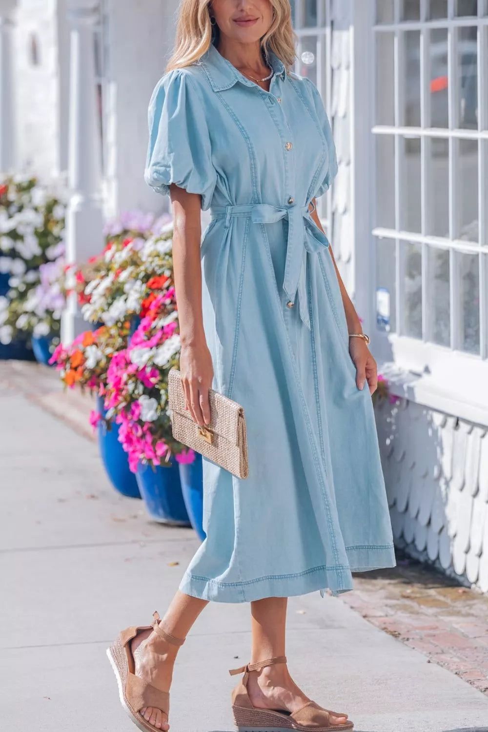 Full Buttons Collared Short Bubble Sleeve Long Denim Dress
