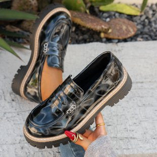 New Autumn Leather Belt-Buckle Patent Leather Leopard-Print Vintage Womens Shoes