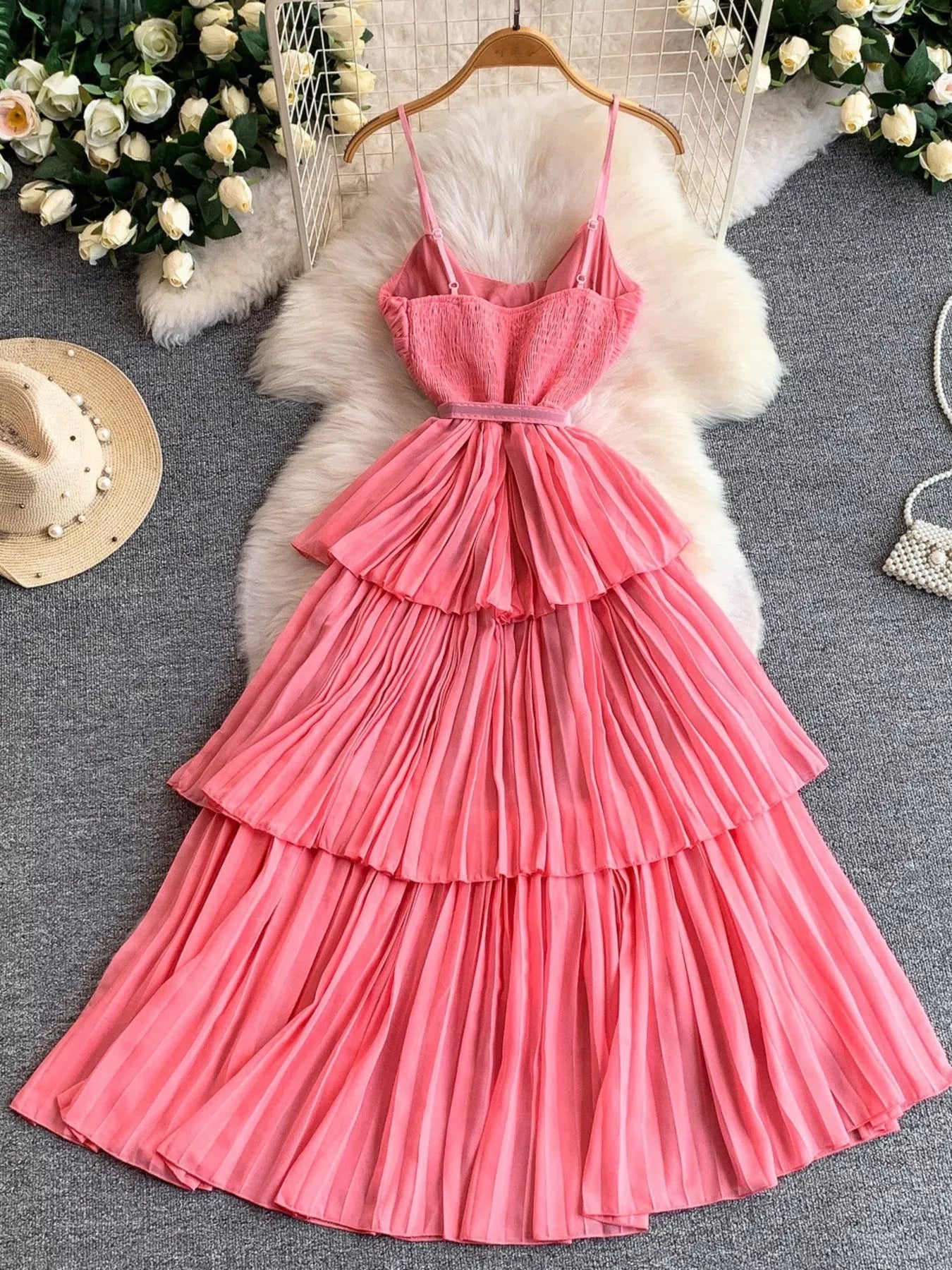 Pleated Layered Spaghetti Strap Midi Dress
