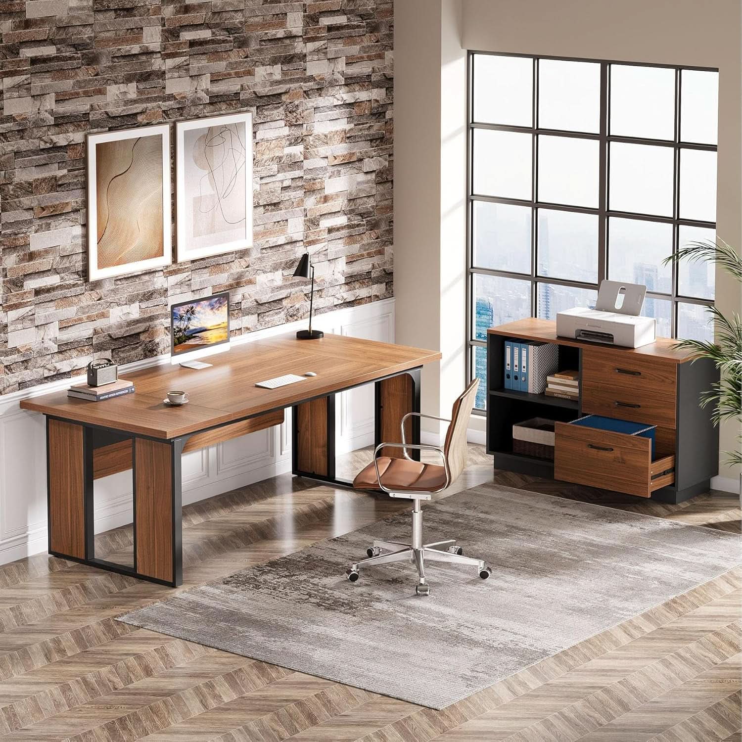 63 Inch L Shaped Executive Desk With Storage Shelves - Overture Gifts
