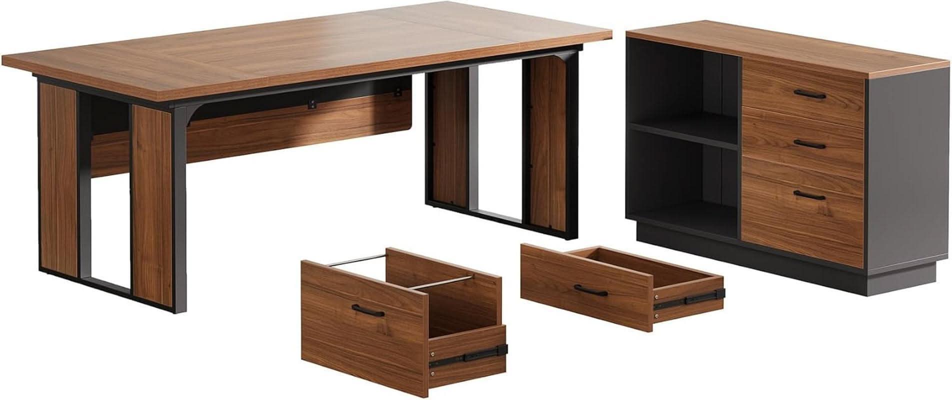 63 Inch L Shaped Executive Desk With Storage Shelves - Overture Gifts