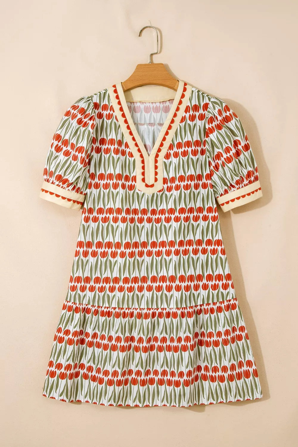 Tulip Floral Print Cotton Puff Short Sleeve Mini Dress