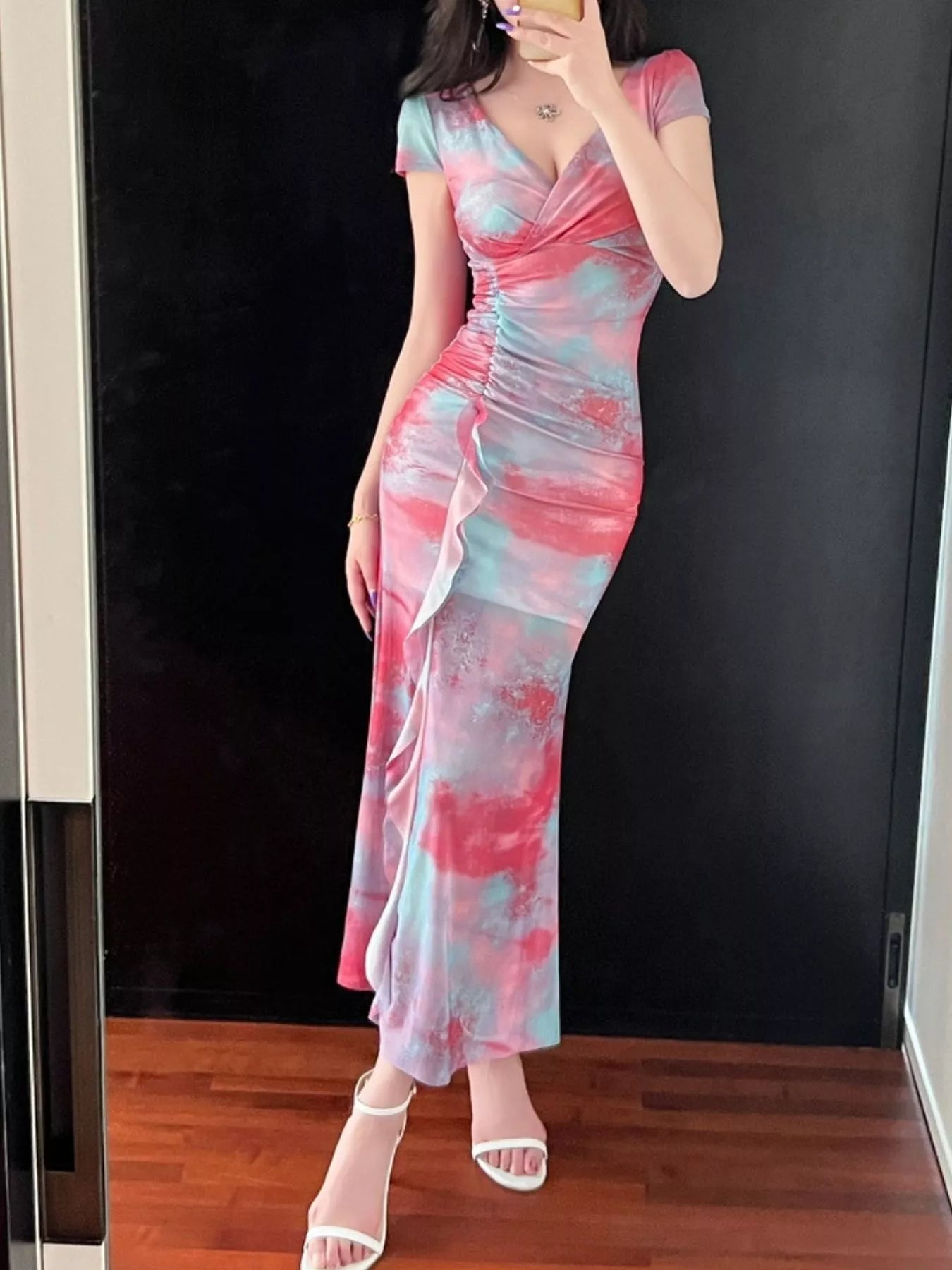 Tie-Dye Surplice Ruffle Slit Dress