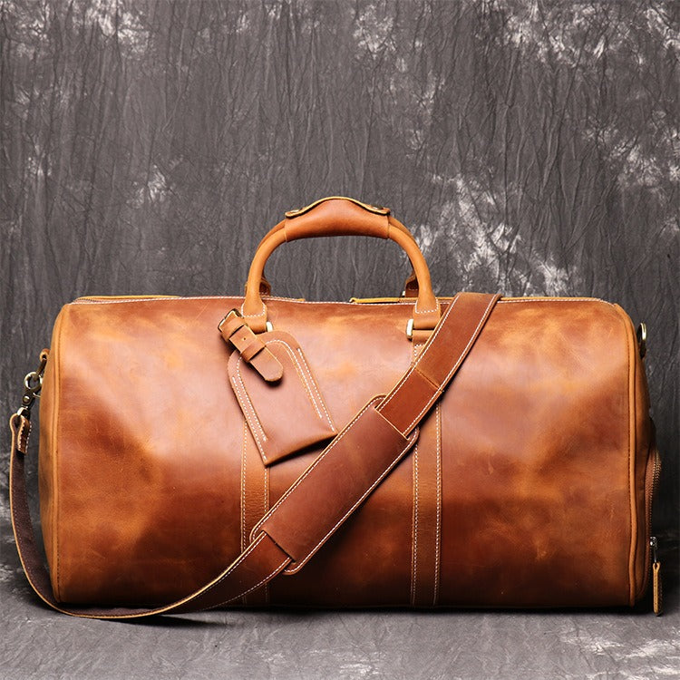 Premium Leather Travel Bag - Vintage Cowhide Weekender Duffel
