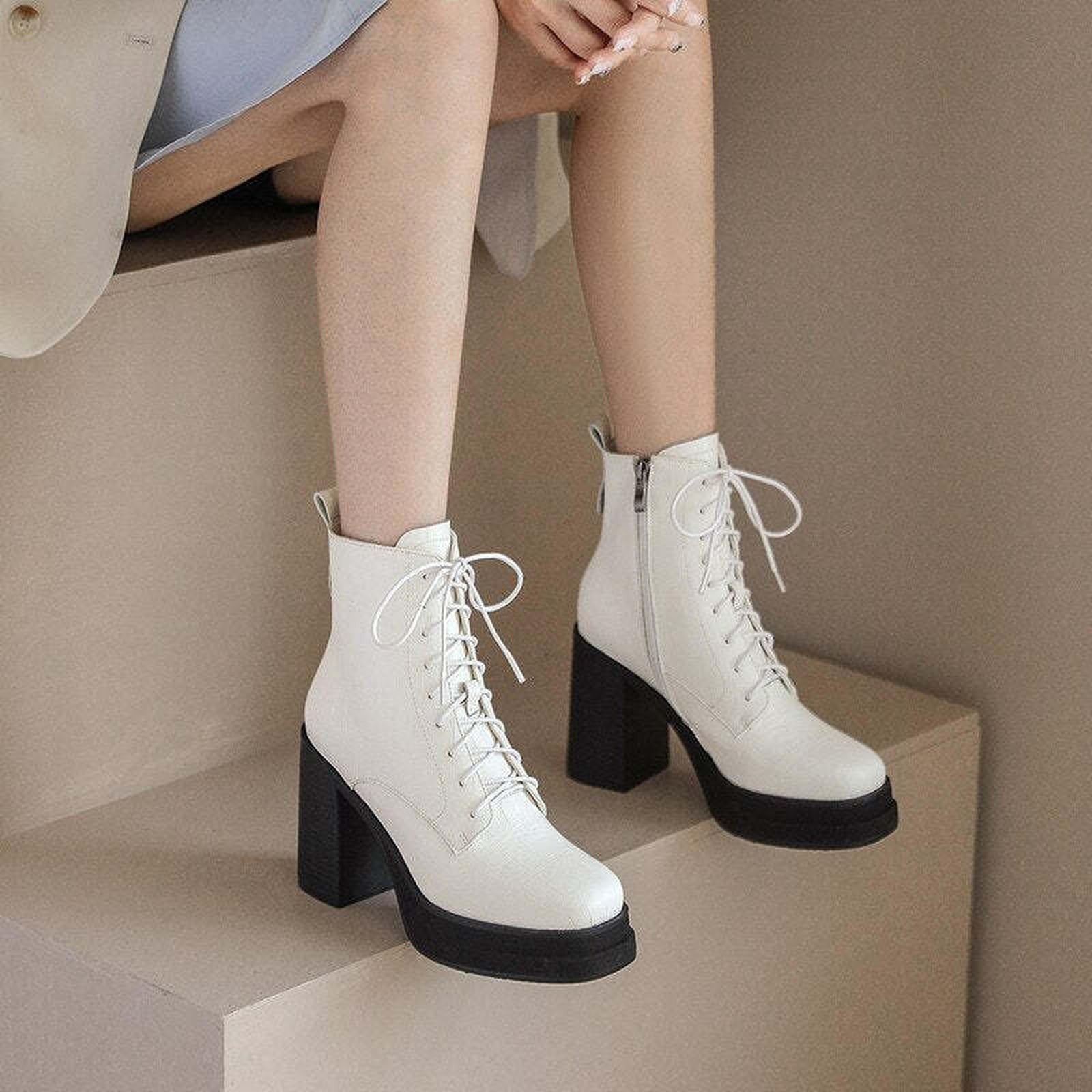 Women Ankle Boots Retro Fashion Office Ladies Chunk Platforms Thick High Heels Genuine Leather Shoes Autumn Winter