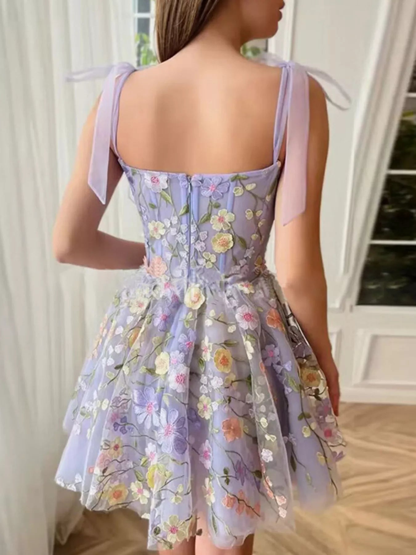 Floral Applique Tie Shoulder Mini Dress
