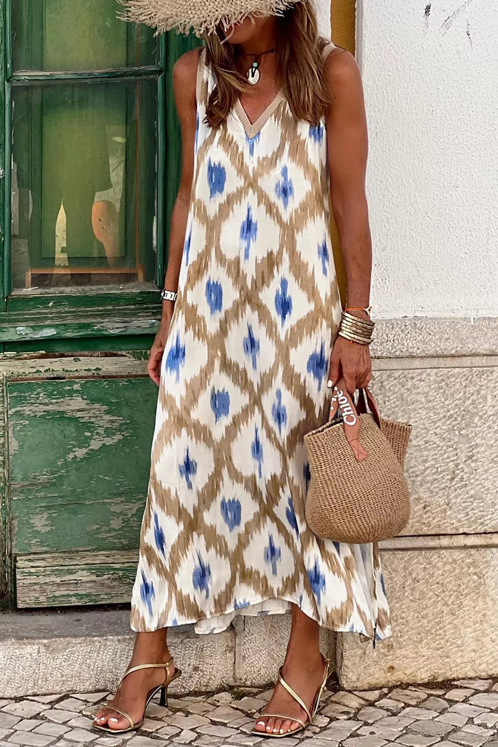 Abstract Print V Neck Sleeveless Midi Dress
