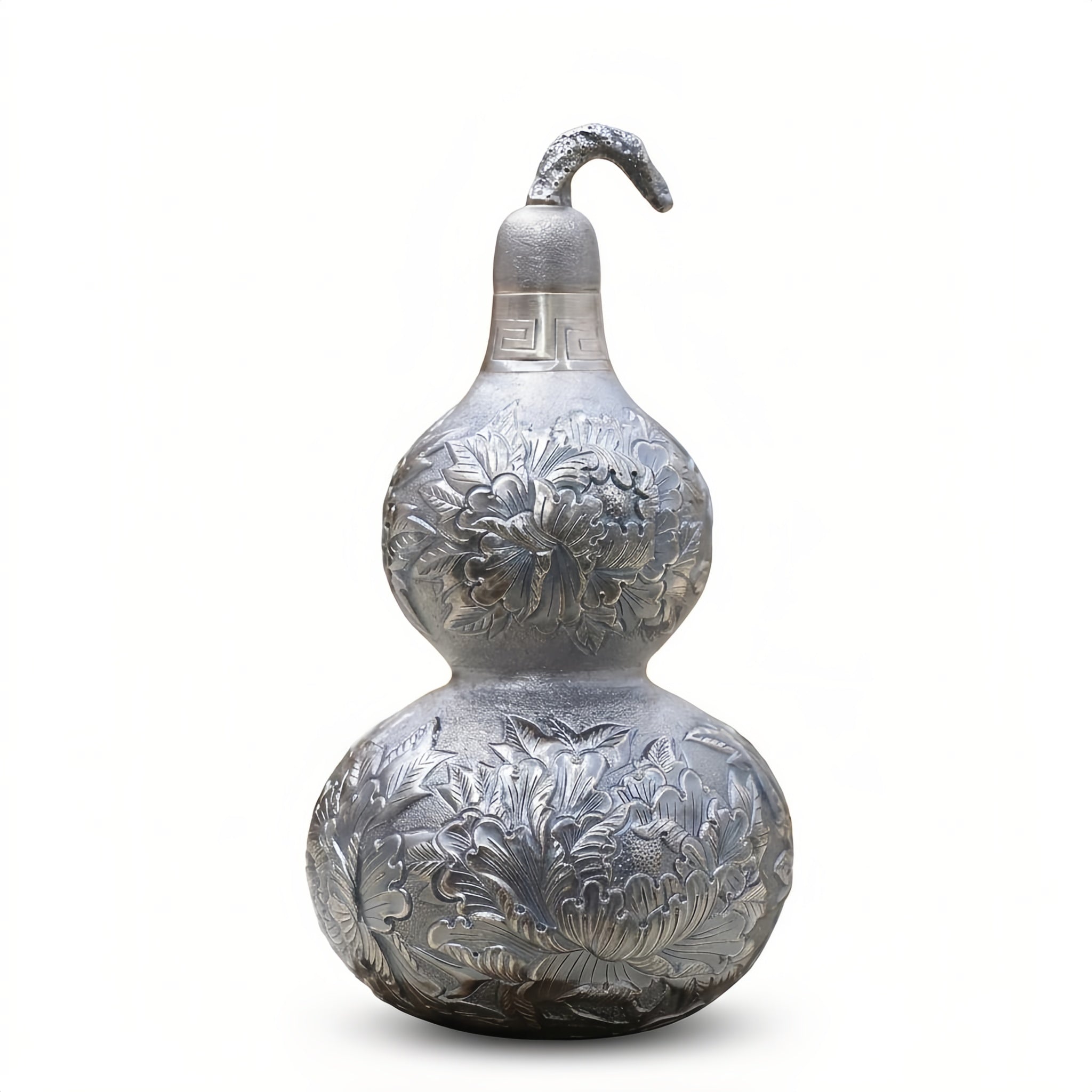 Pure 999 Fine Silver Ornate Silver-Toned Double Gourd Vessel with Intricate Floral Engravings - Handicraft