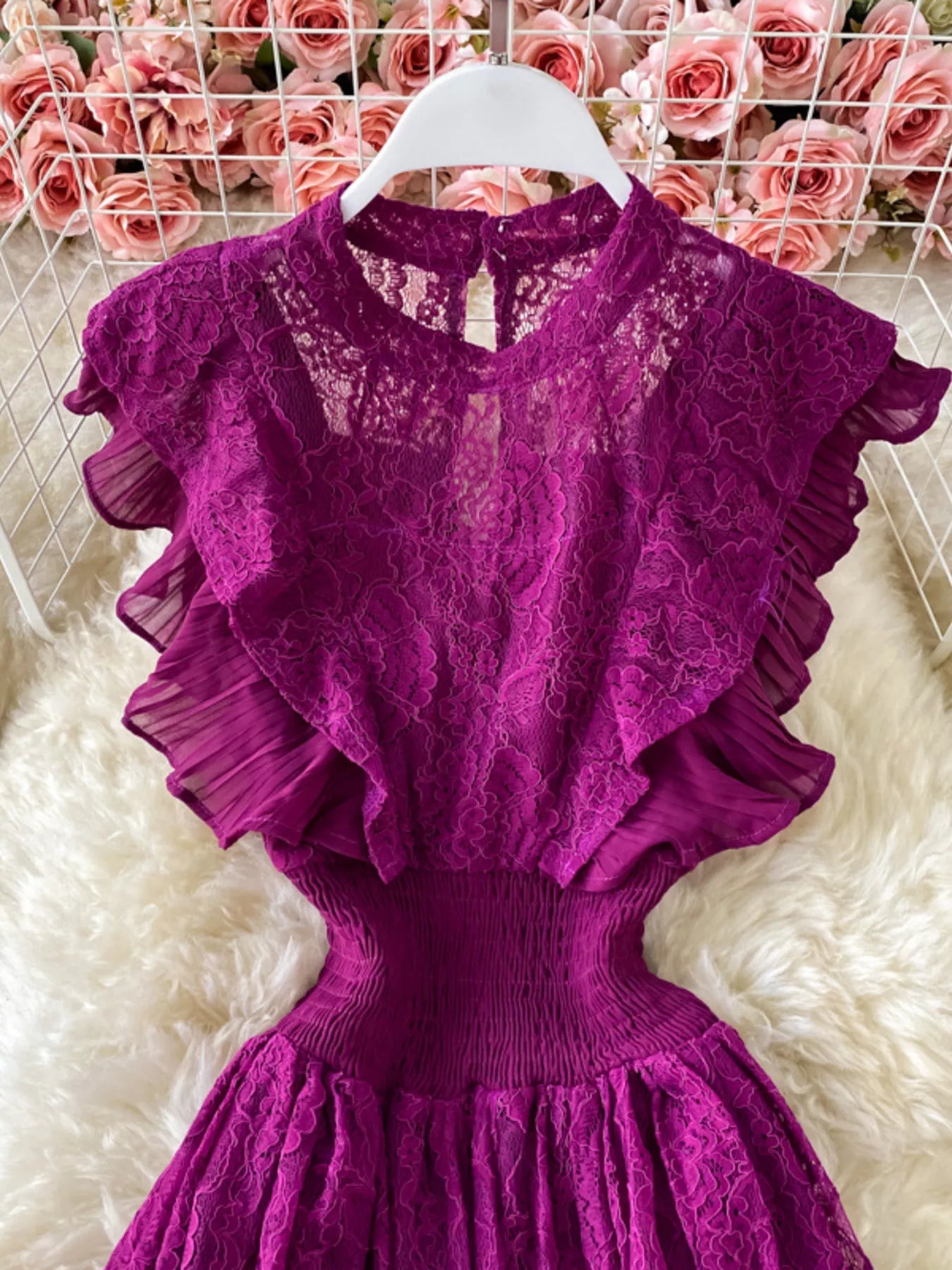 Ruffled Mock Neck Lace Maxi Dress