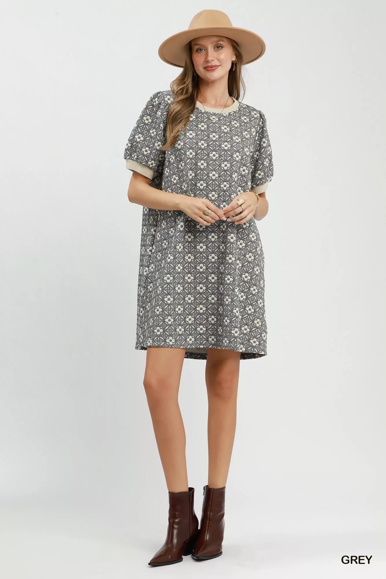 Umgee Floral Textured Puff Sleeve Mini Dress