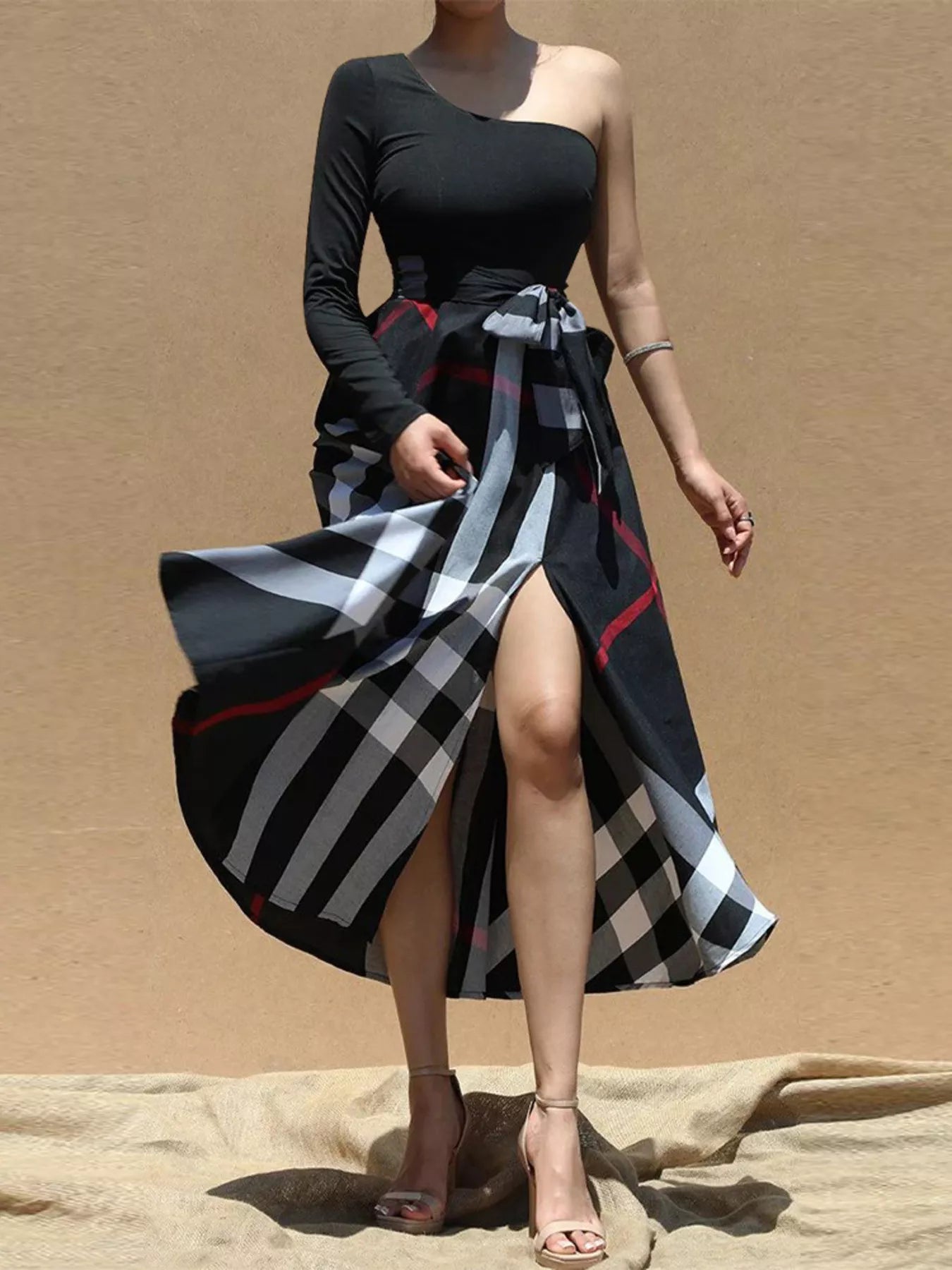 Asymmetrical One-Sleeve Plaid Midi Dress with Waist Tie