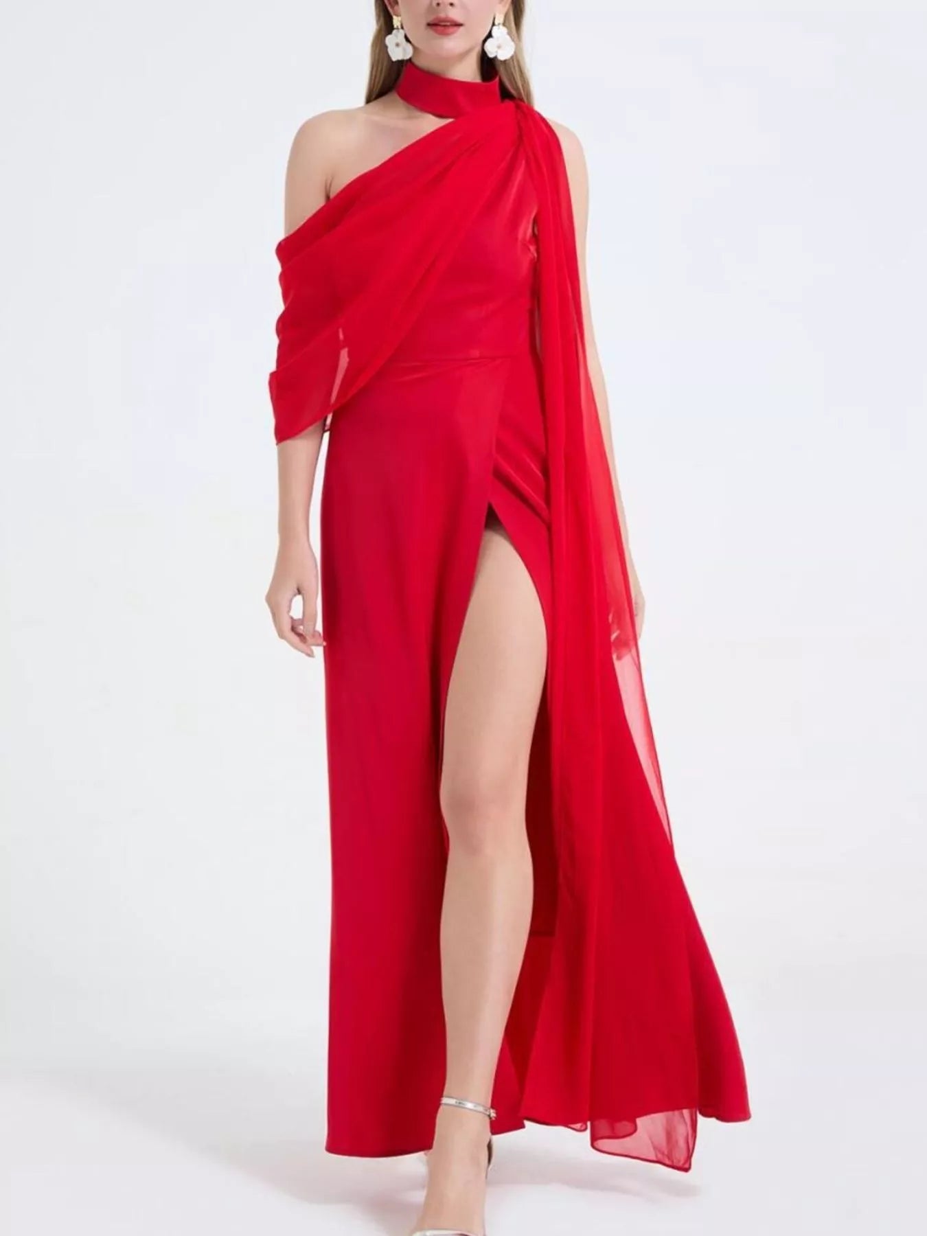 Asymmetrical Neck High Slit Maxi Dress