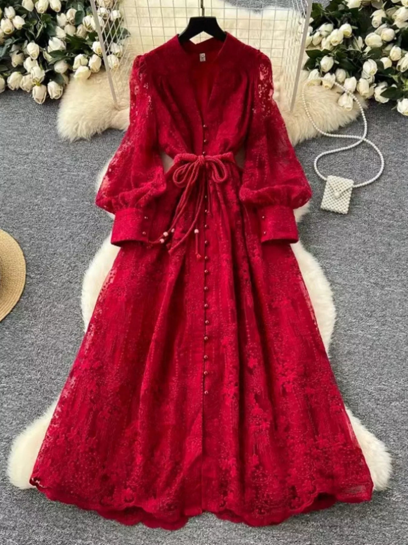Lace Tie Waist Long Sleeve Dress