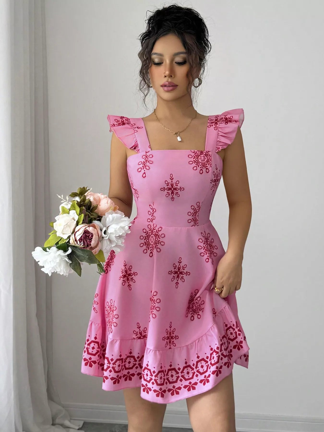 Printed Bow Back Square Neck Mini Dress