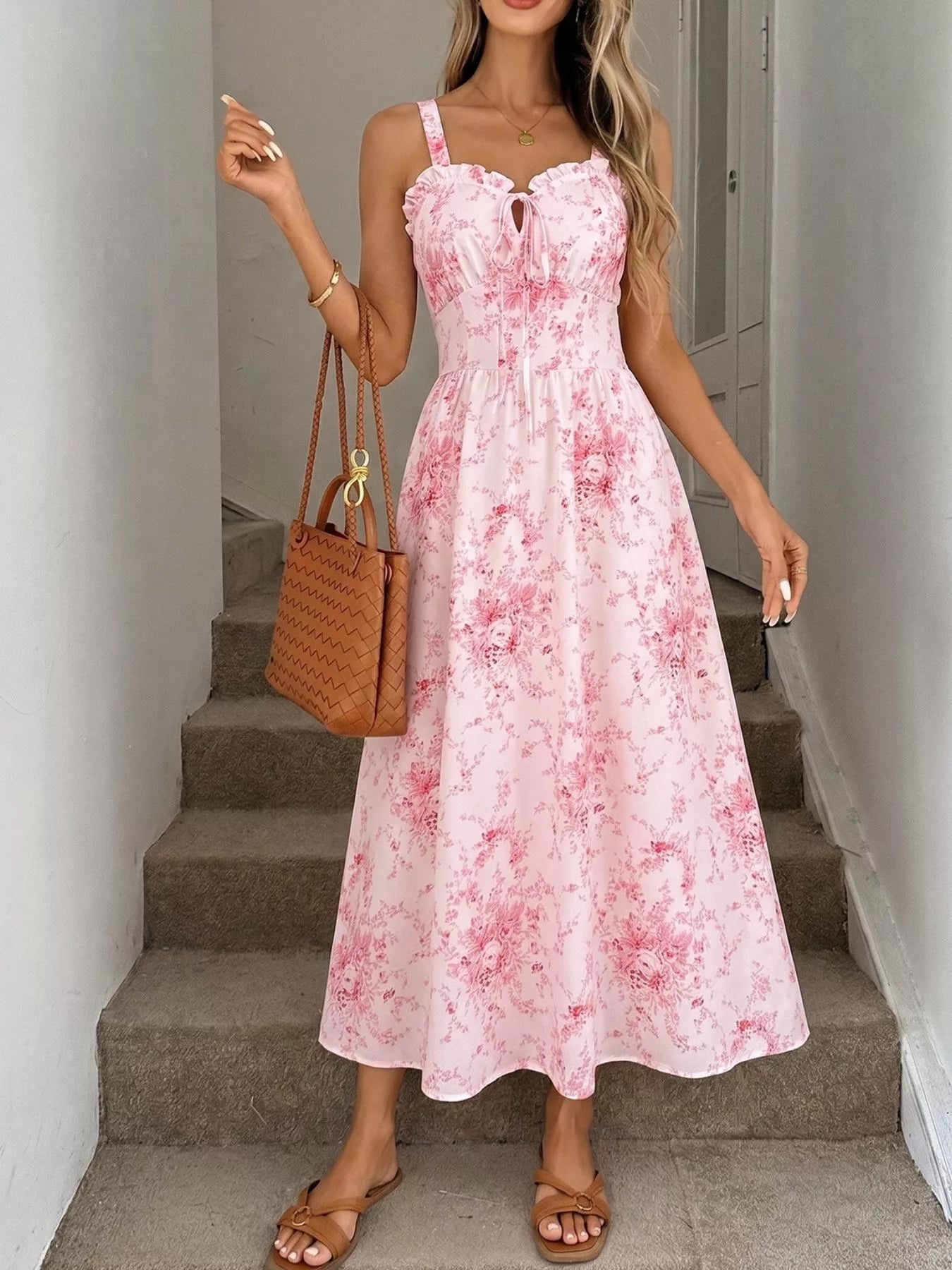 Floral Print Frill Trim Cami Dress