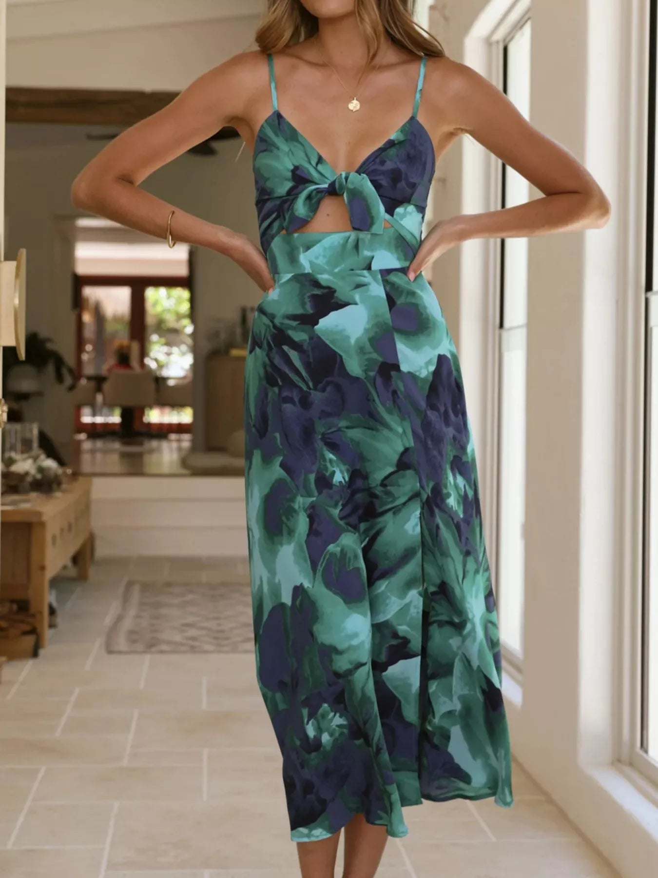 Floral Print Tie-Front Slit Midi Dress
