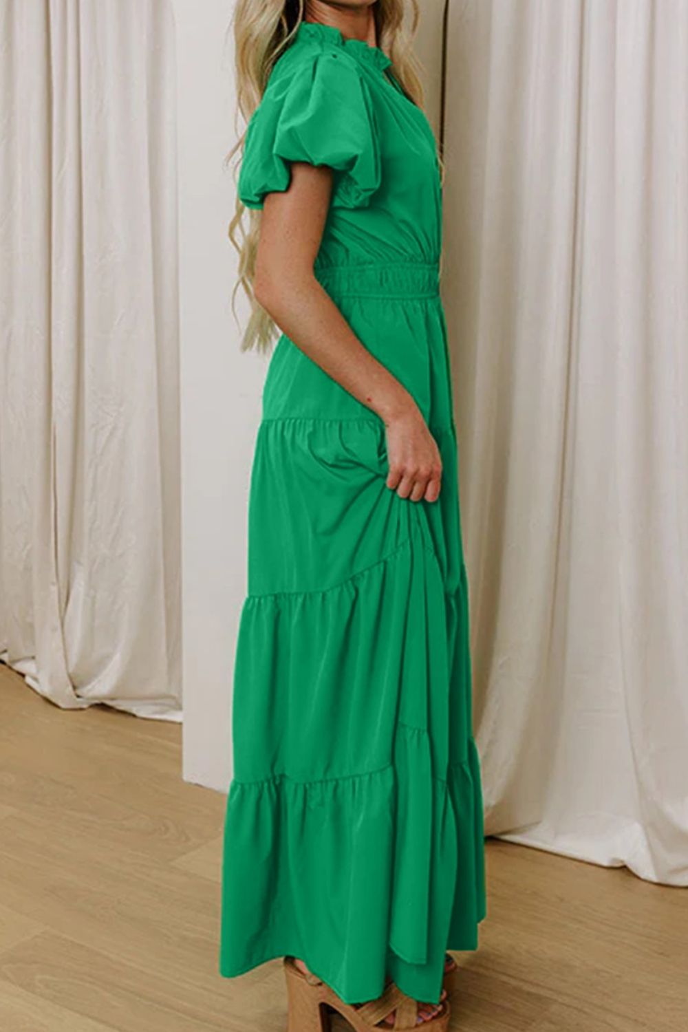 Elegant Ruffled Tiered Puff Sleeve Maxi Dress