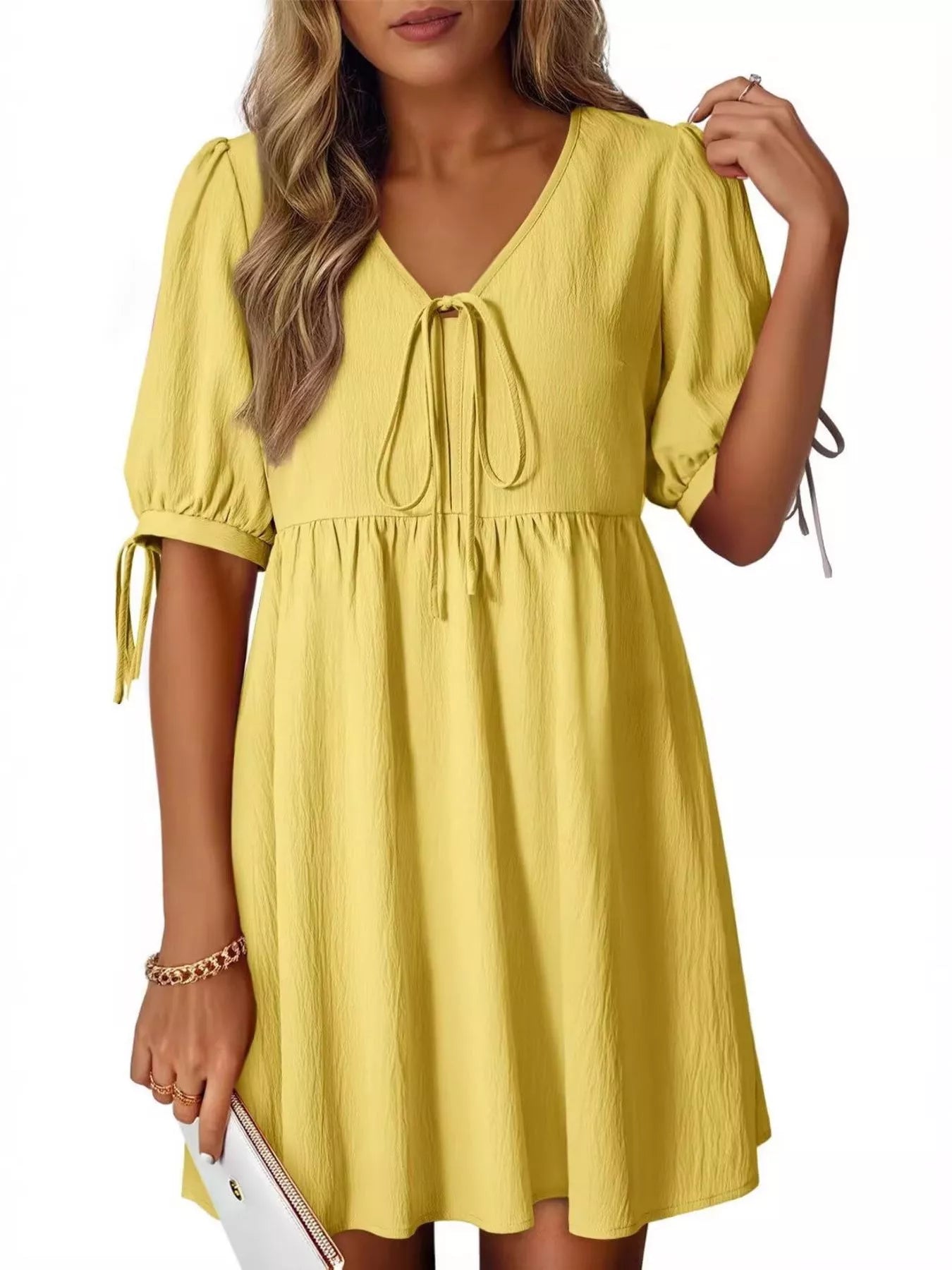 Tie-Neck Puff Sleeve A-Line Mini Dress