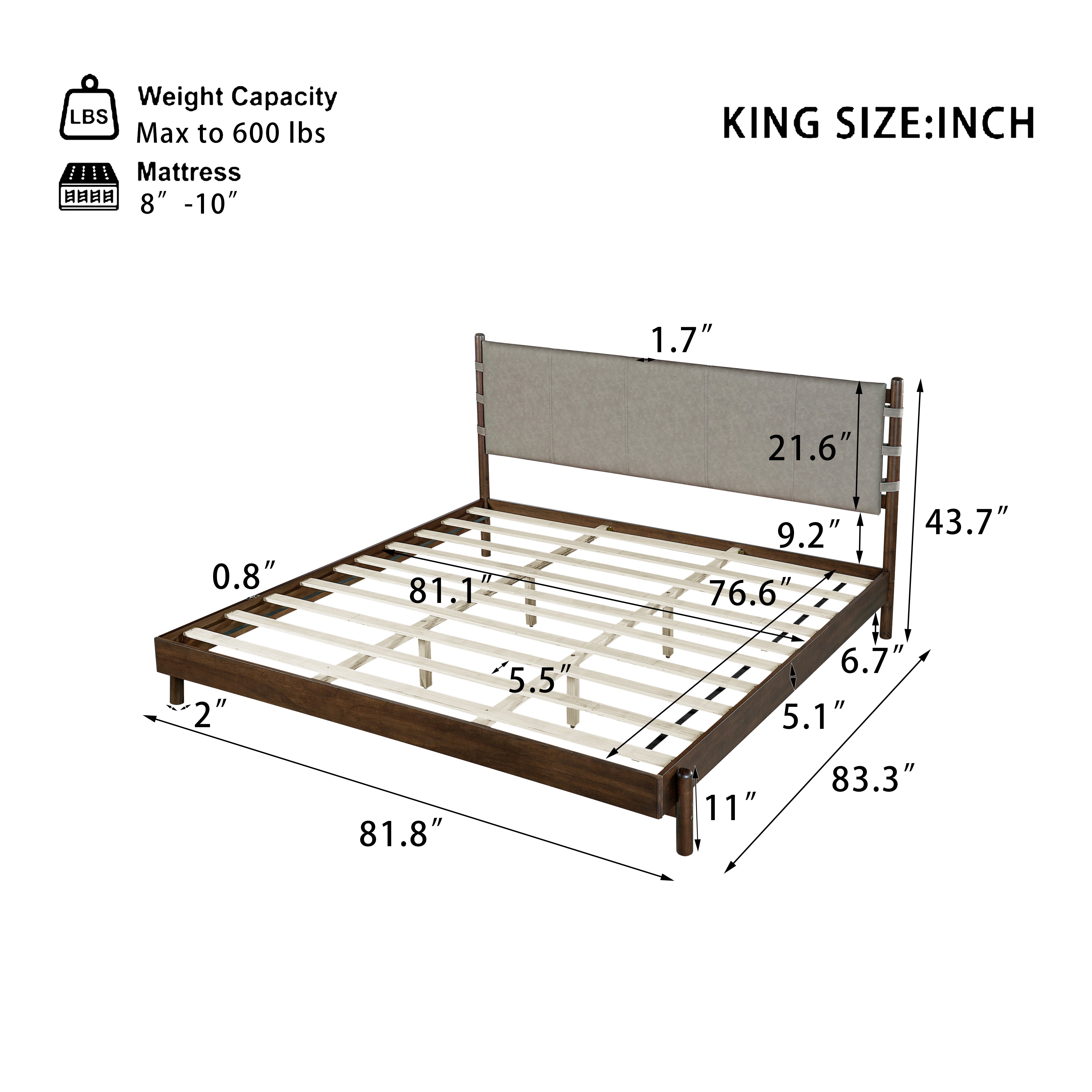 Premium Rubber Wood Platform Bed Frame, King Bed Frame with Headboard Included