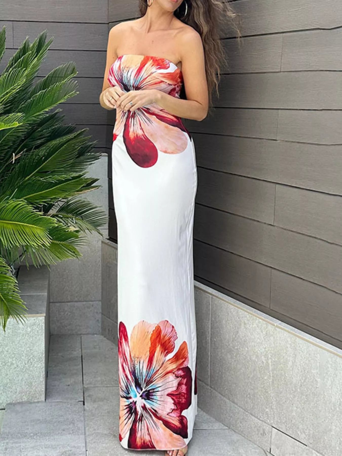 Floral Print Strapless Bodycon Maxi Dress
